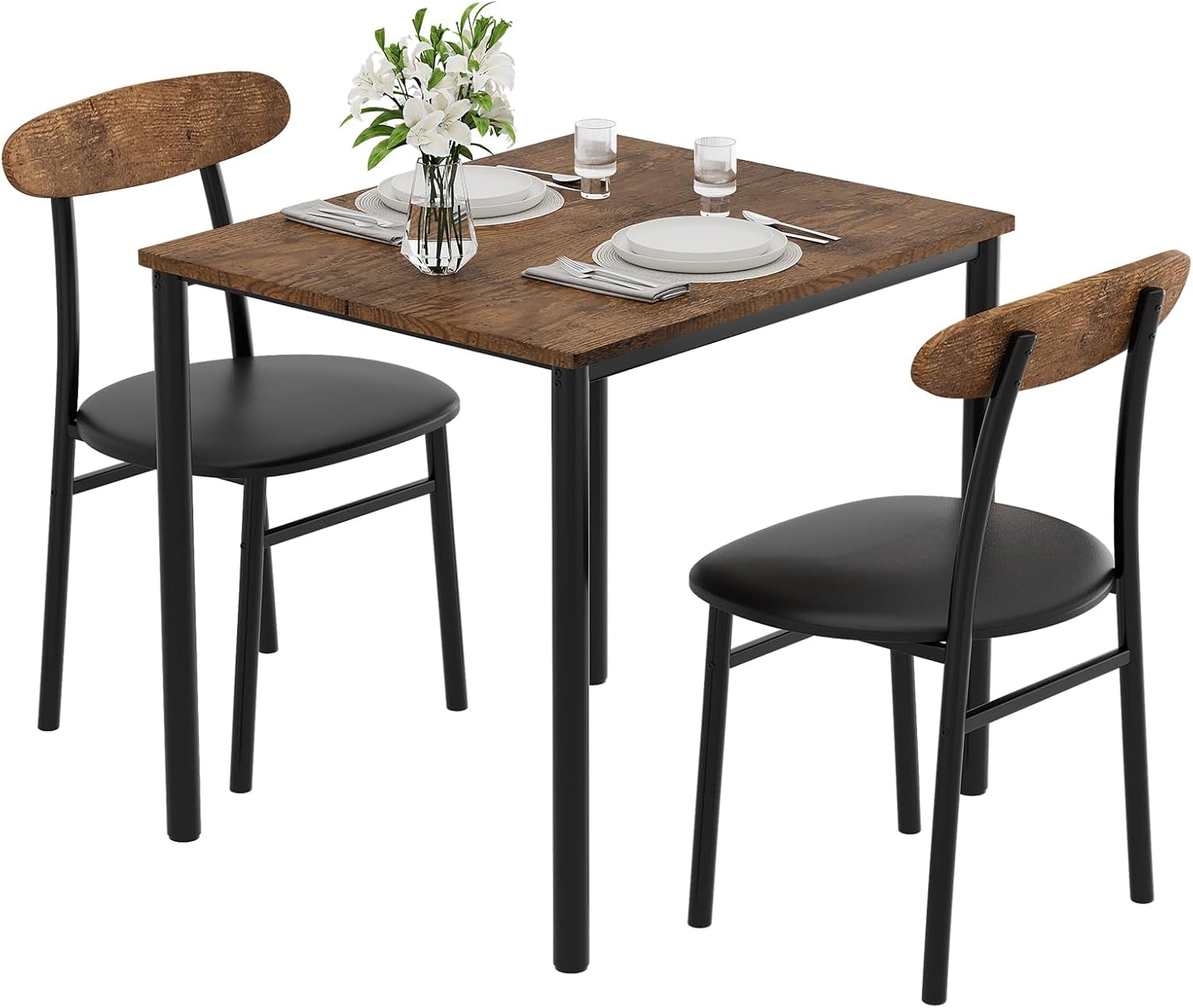 Yumori Dining Table Set for 2, Wood Square Table with 2 Upholstered Chairs for Kitchen and Dining Room, Space Saving (Rustic Brown) 3-Piece Rustic Brown