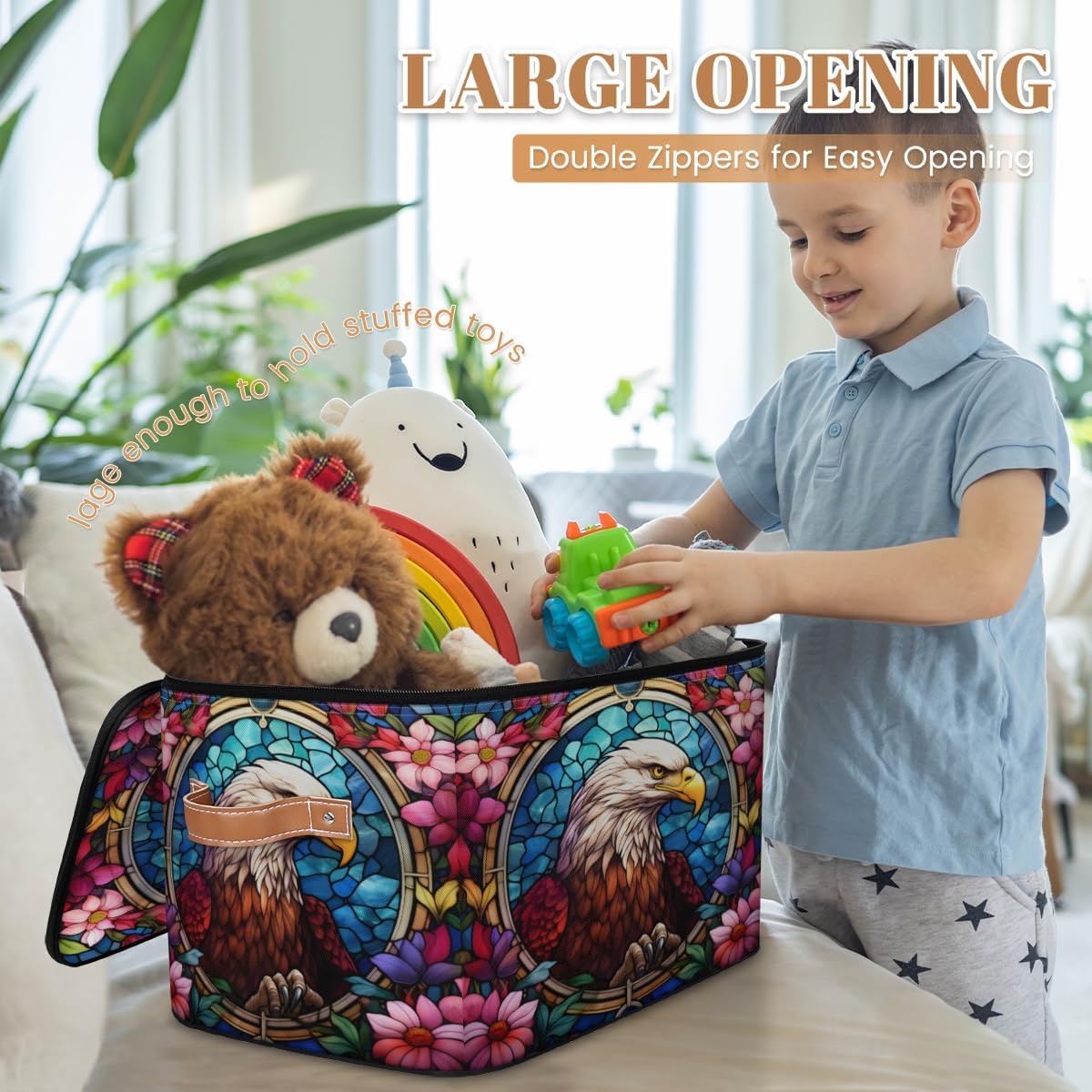 Storage Bin Set of 2 Retro Flower Eagle Storage Basket with Zipper Lid & Handle Foldable Closet Shelf 2 Pack Cloth Organizer Basket Cube Bins Clothes Organizer for Nursery, Bedroom