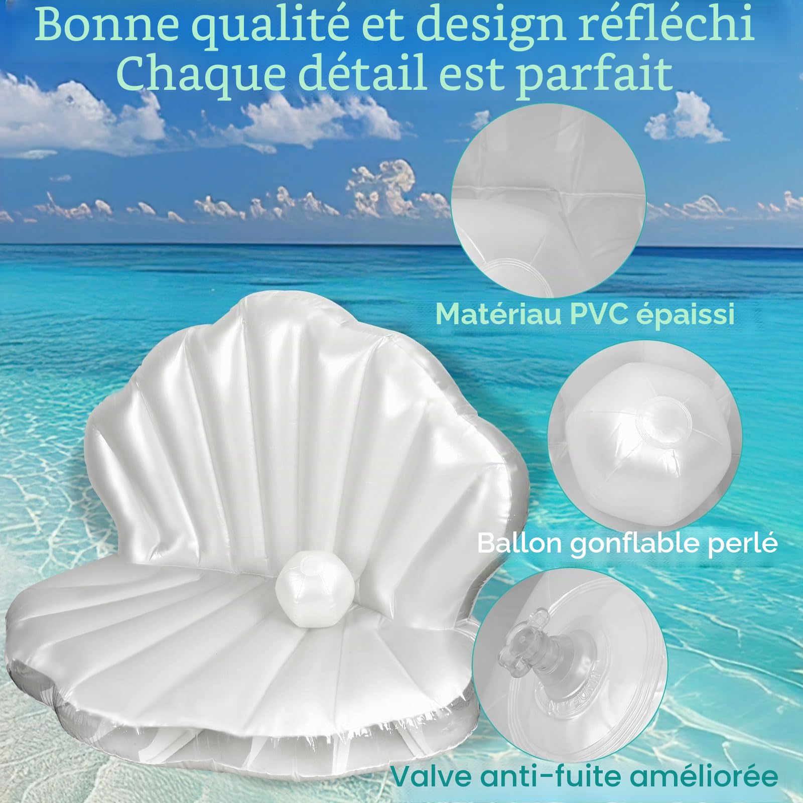 BOXOB Bouée Gonflable Coquillage, 144cm Géante Épaisse avec Boule Perles pour Enterrements Vie de Les Soirées sur Le Thème de l'Océan l'Été la Plage Piscine et la Décoration