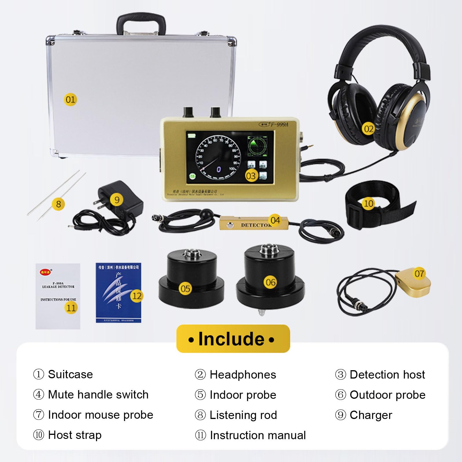 Detector Profesional de Fugas de Agua Subterránea – Alcance 4M, Frecuencia Ajustable 1-4500Hz, Cancelación de Ruido – 30H Batería – para Fontaneros, Municipios & Obras