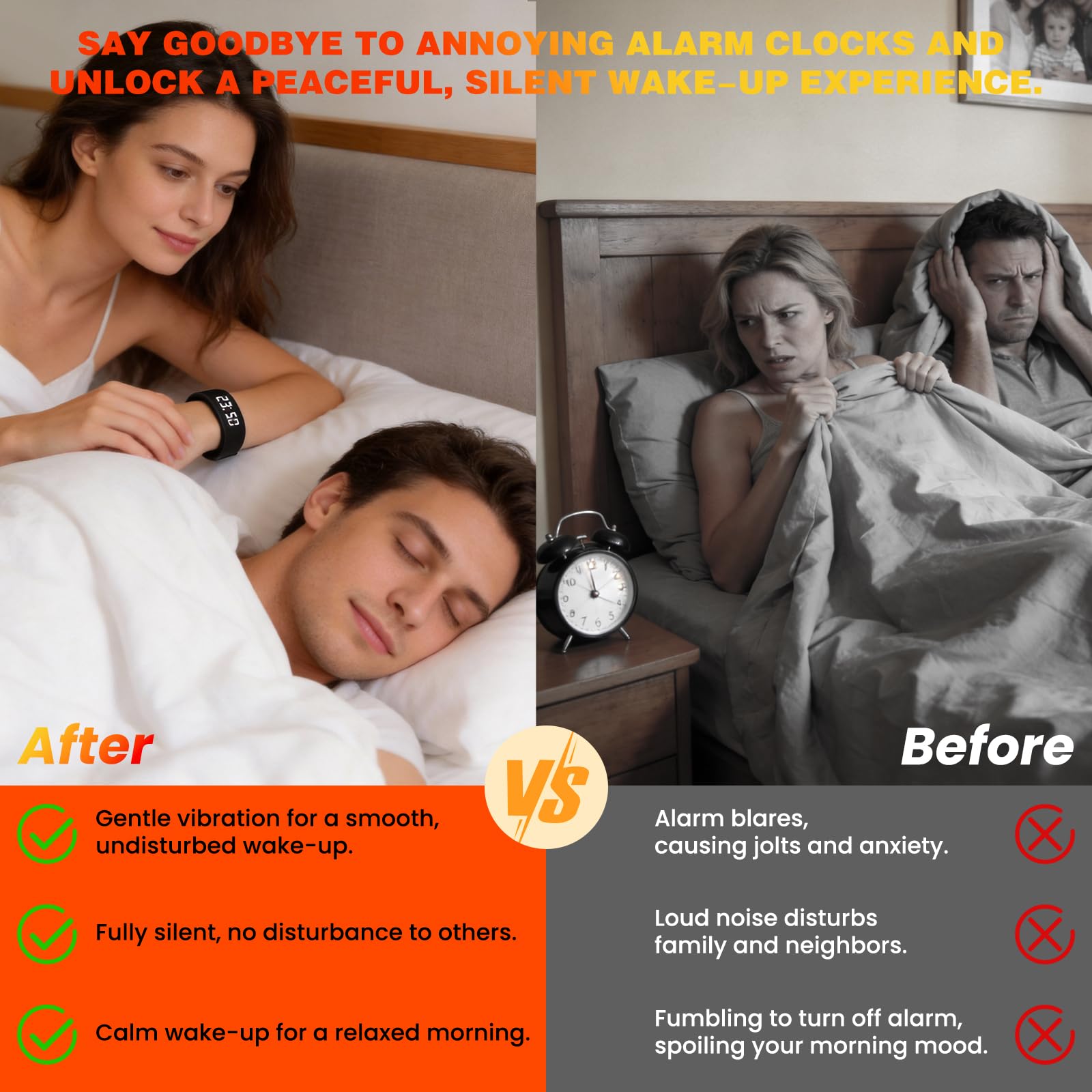 Reloj despertador eficaz para personas que duermen profundamente, reloj extremadamente vibrante, para personas sordas, vibración, vibración, sueño pesado, pulsera silenciosa que no despertará a tu
