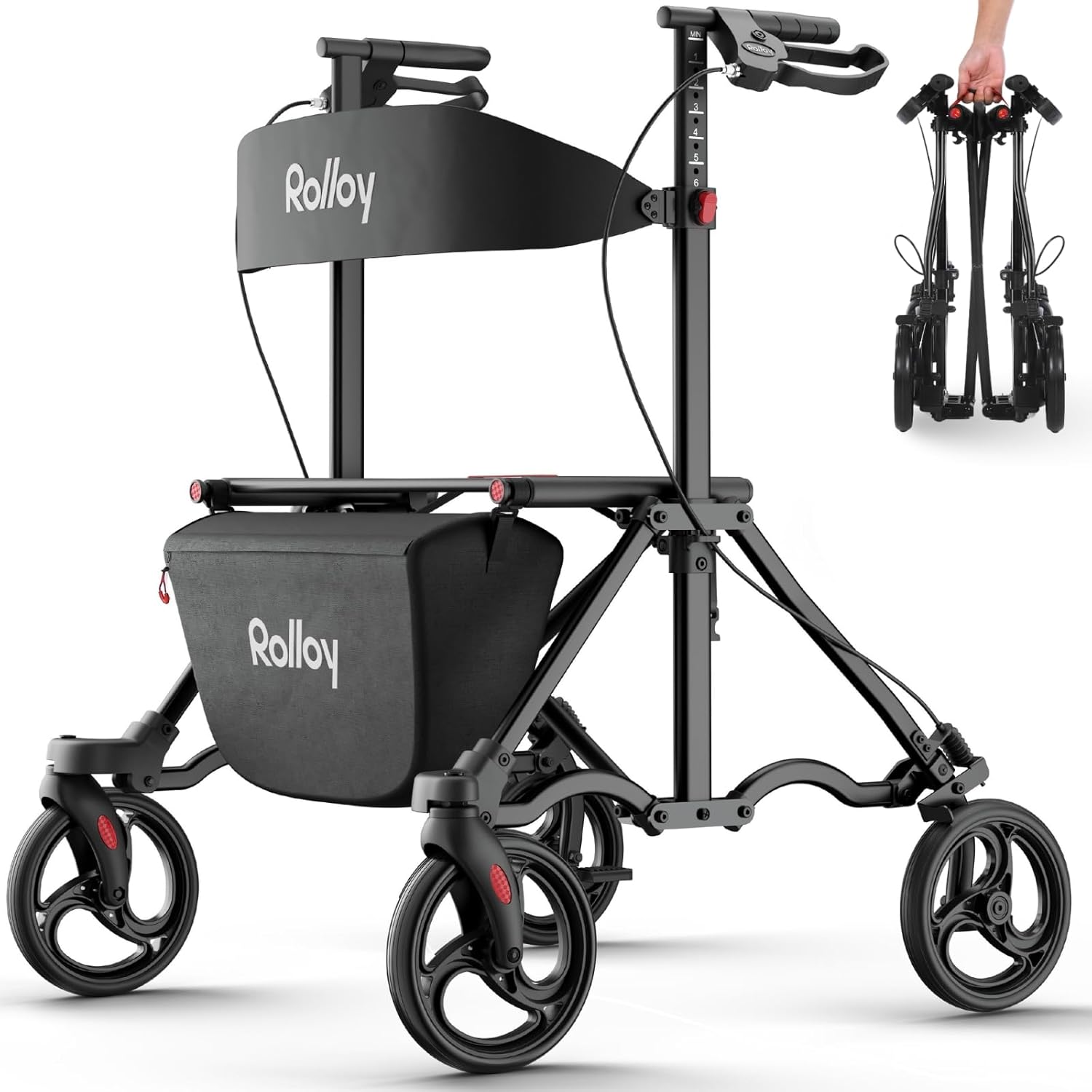 Rollator Walkers for Seniors with Seat, Lightweight Ultra-Compact Travel Rolling Walker, 350lbs Capacity, Heavy-Duty Extra-Wide Seat, Easy Folding, Height Adjustable for Tall Over 6ft, 8" Big Wheels Black Extra Wide