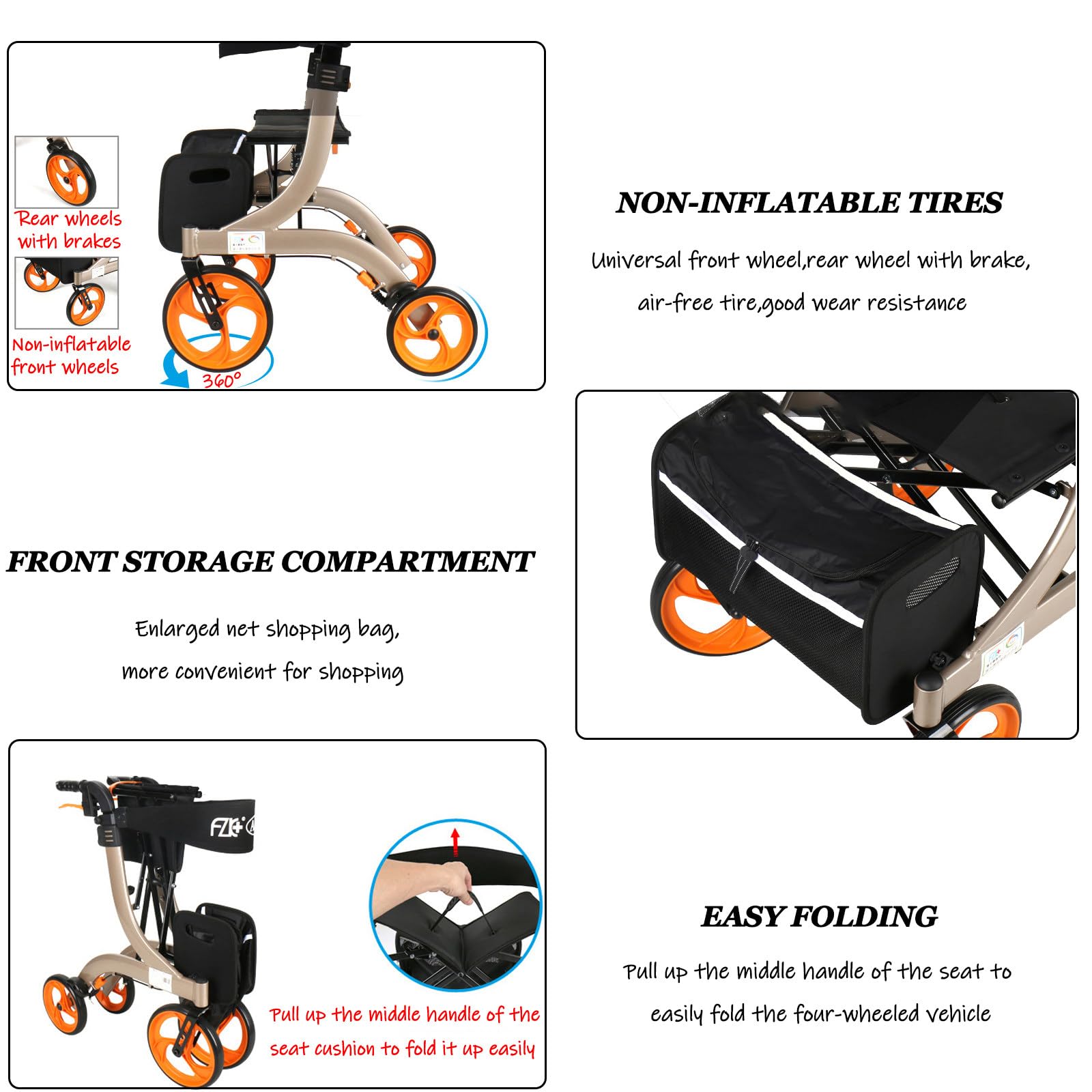 Rollator,pomoce do chodzenia dla seniorów,lekki chodzik,składany z siedziskiem i torbą,4 kółka dla osób starszych,podwójny komfort Blue-Withpedals