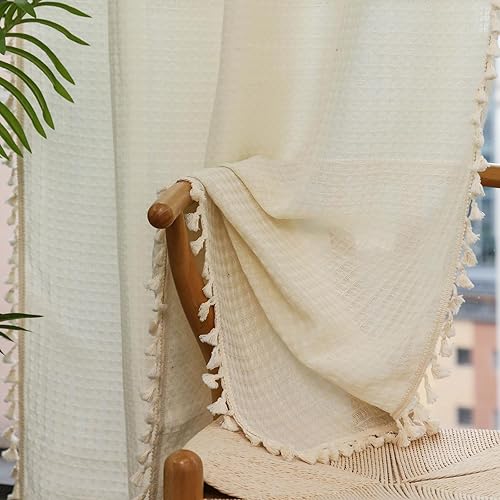Miniatura 1 de GyiHoong Cortinas bohemias traslúcidas beige de 63 pulgadas de largo, 2 paneles de cortinas de ganchillo semitransparentes con bolsillo para barra,