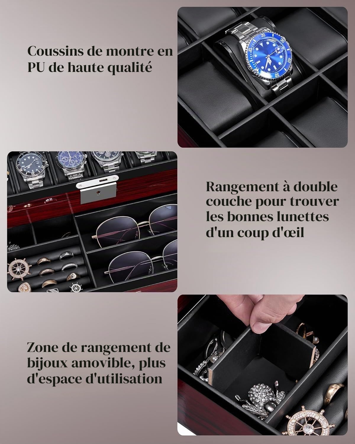 ANWBROAD Boîte à montres à 12 emplacements pour homme avec grand couvercle en verre à 2 niveaux - Organiseur de montre verrouillable - Support de montre luxueux JWB003Y