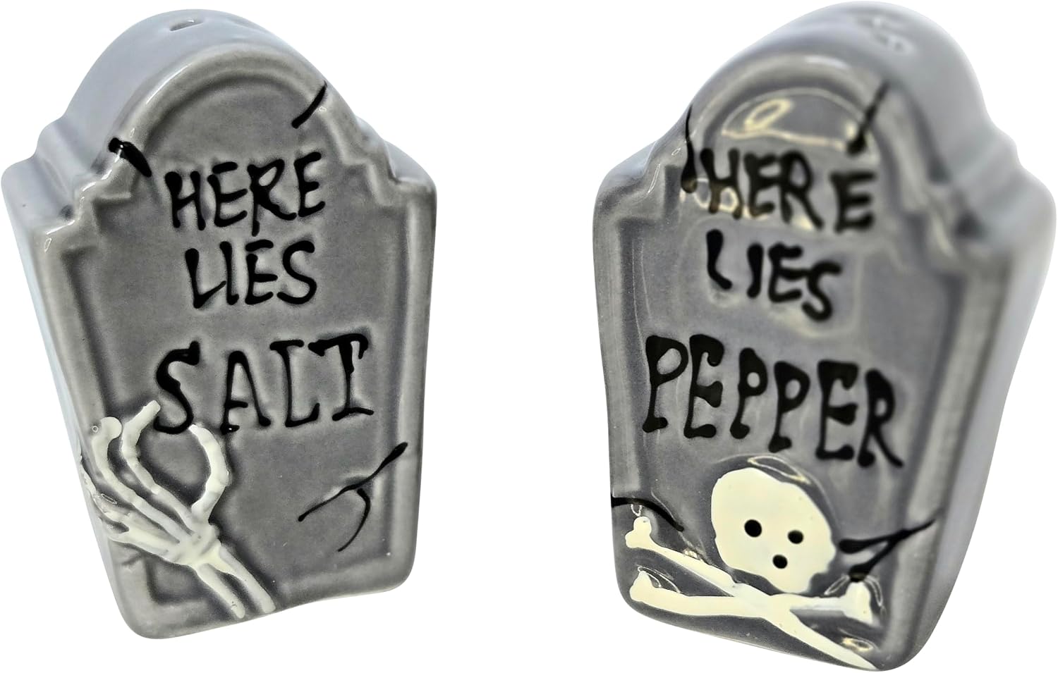 "Here Lies Salt & Pepper" Shaker Set, 2.5 inches by 1.25 inches by 1 inches