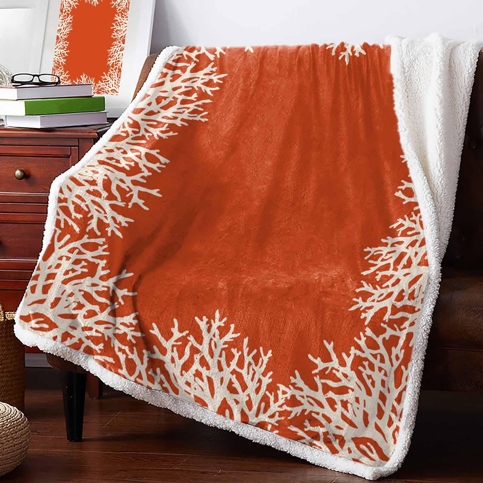 Coastal Coral Blankets for Bed Couch Sofa, Orange White Ocean Marine Nautical Beach Soft Thick Sherpa Throw Reversible Plush Fluffy Fleece Fannel