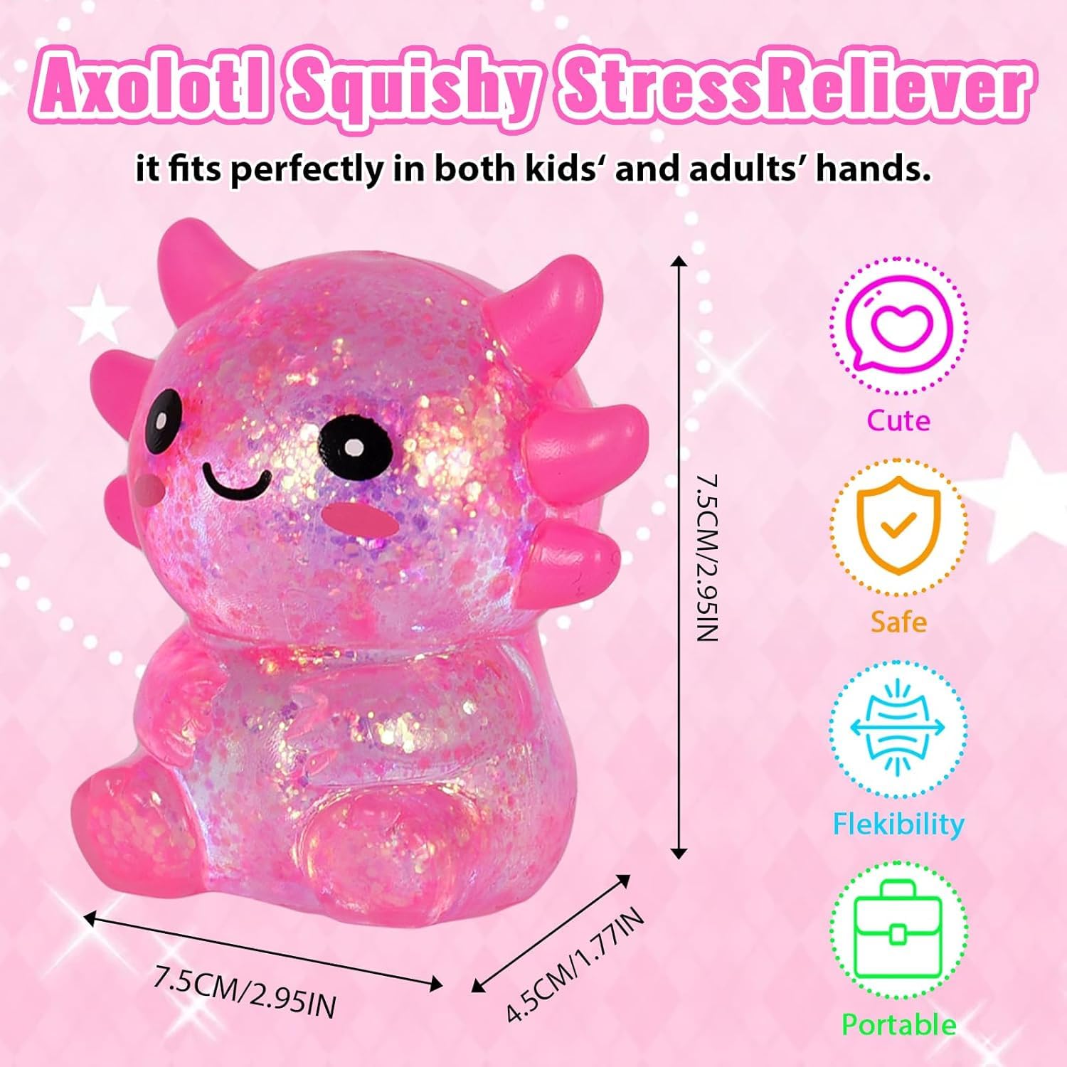 Axolotl Squish-y Stress Relief Toy Glitter Fidget Toys Cute Malts Sugar Axolotl Toy Fidget Toys Adults Fidget-Toy for Kids Youth Adult Party Favors Anxiety Relief Squish-y-Toys #Pink - Image 3