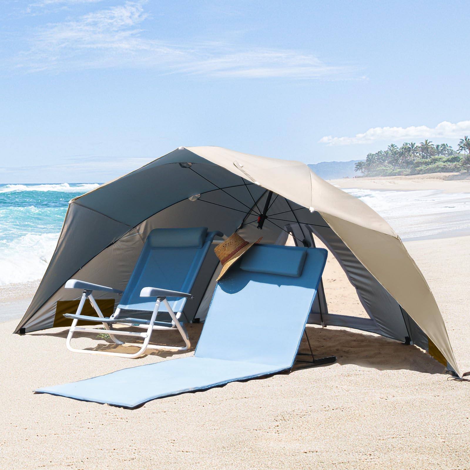 Homecall Sombrilla de playa 2 en 1, convertible, Ø 270 cm, gran sombrilla parasol, con ventana – protección contra el viento, la playa, la lluvia, UV50+, protección contra el sol, para la playa para 2