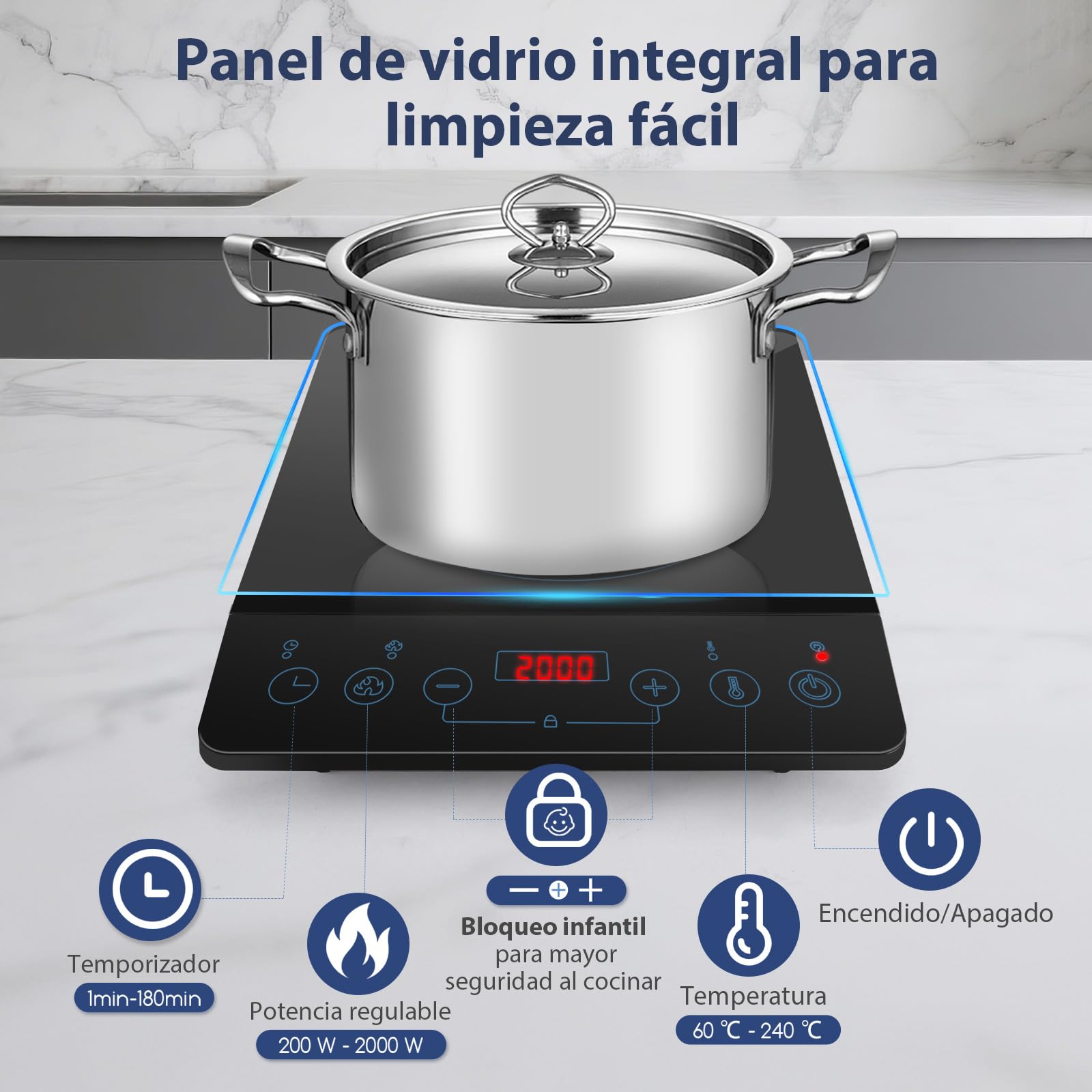 Aigostar Placa Inducción Portátil 2000W | Ultrafina Placa de Inducción + 10 Niveles (60-240°C) | Temporizador 180 Min | Pantalla Táctil LED | Bloqueo Niños y Protección Antisobrecalentamiento