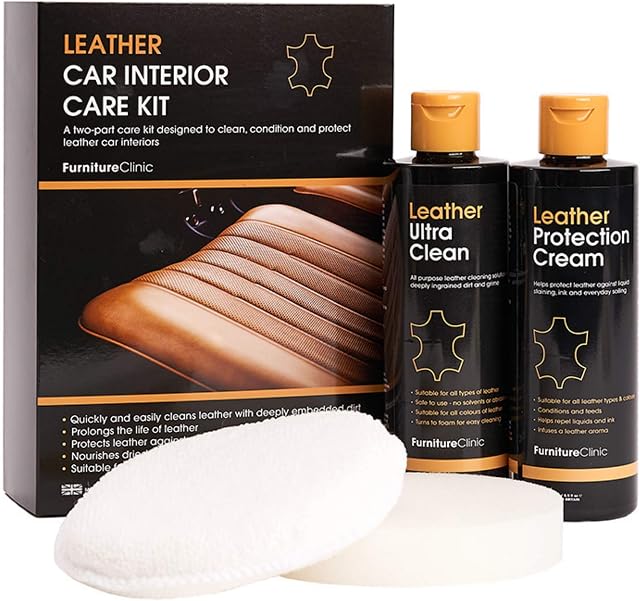 Furniture Clinic Complete Small Leather Care Kit for Sofas, Cars, Furniture Set is Infused with Leather Aroma - 250ml Leather Cleaner, 250ml Leather Conditioner/Protection Cream, Cloth & Sponge