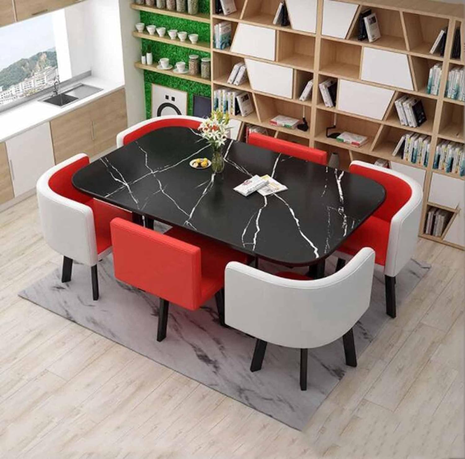 Generisch Modernes 7-teiliges rundes Esstisch-Set mit 6 Stühlen, ideal für kleine Büroküchen, Lounges oder Wohnzimmer