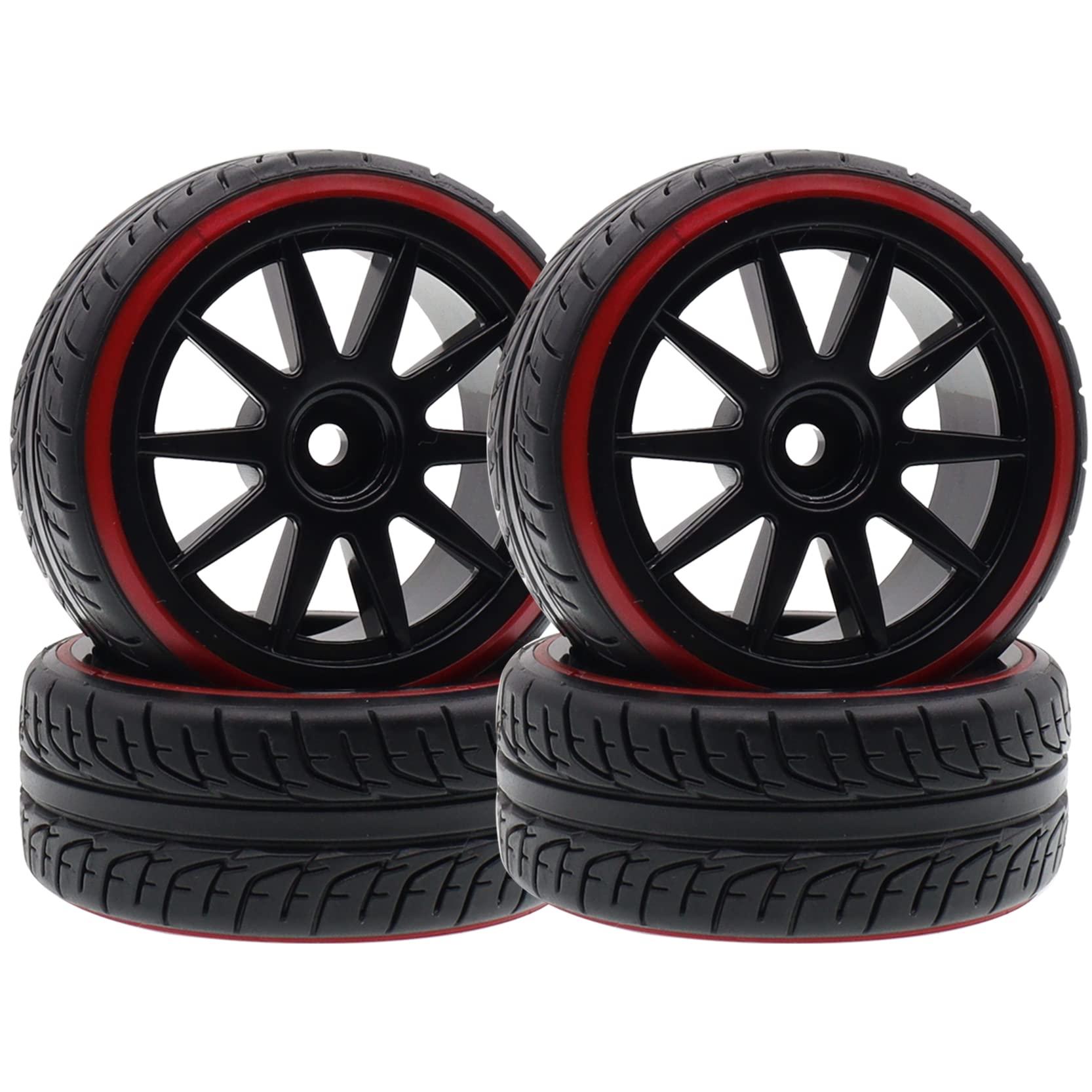 Treehobby 63mm X 26mm Rubber RC Wheel 12mm Hex Hub Wheels and Double-Decker Tires Set Compatible with 1/10 HSP Tamiya Kyosho On-Road RC Drift Drifting Car & Flat Sports Cars (4-Pack)