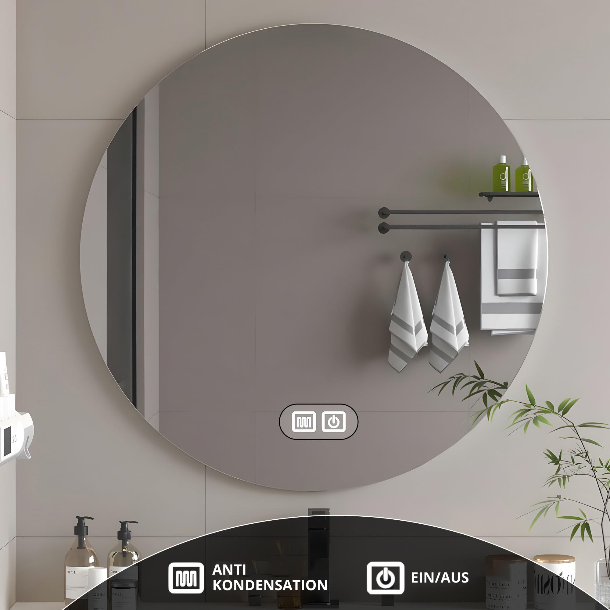 Bayt Badezimmerspiegel rund 60 cm, LED Beleuchtung, dimmbar, beschlagfrei