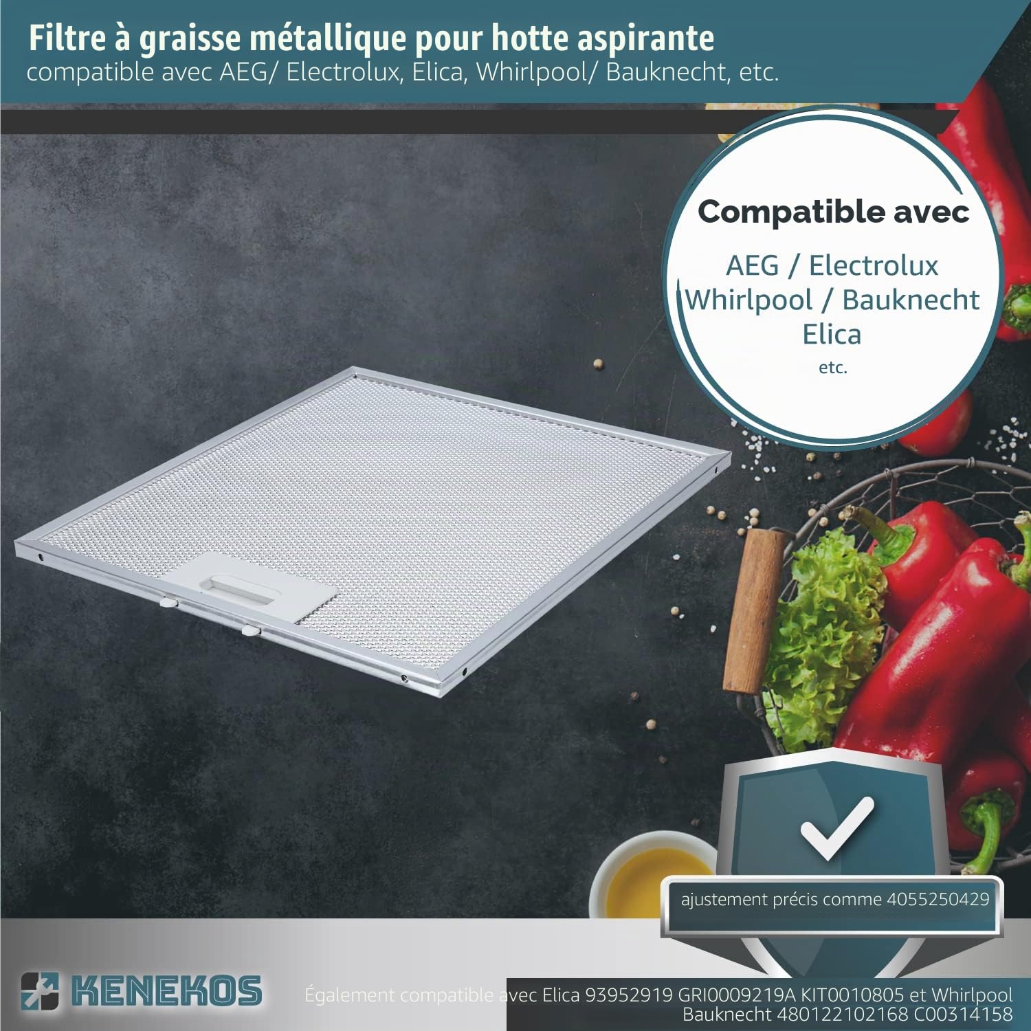 Kenekos - set économique 3x filtres à graisse métalliques pour hotte aspirante 305mm x 267mm. Compatible avec AEG, Whirlpool et autres. Comme pièce de rechange no. 405525042-9