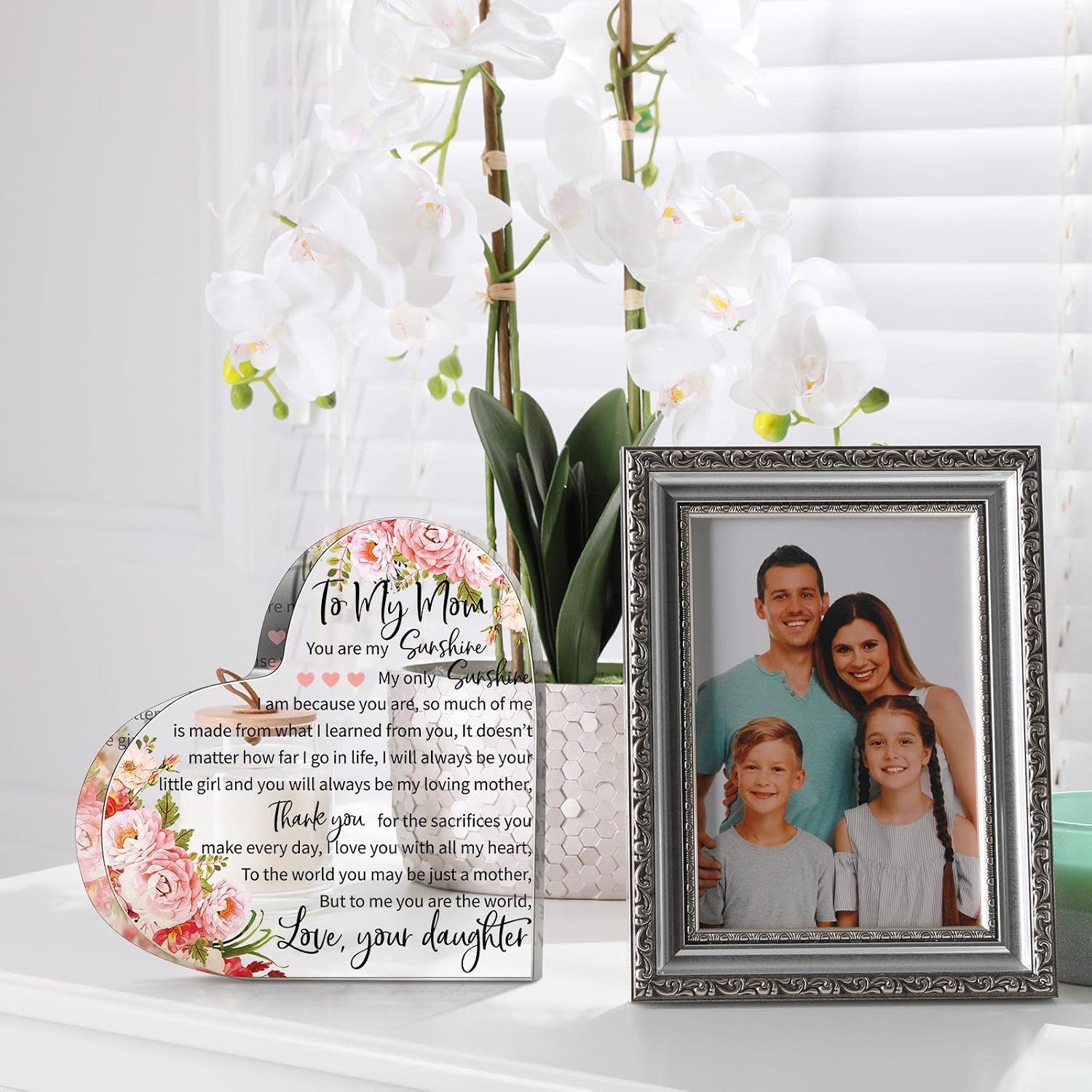 Jetec Mom Gifts for Mother's Day Heart Acrylic Women Mothers Birthday Gifts Sign Plaque Presents from Daughter Son Valentines Gift, 5.91 x 5.91 x 0.55 Inches(Watercolor Flowers)