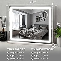 Vista 2 de ROLOVE Espejo de tocador de 23 x 18 pulgadas con luces, 3 modos de color, espejo LED regulable con control táctil, espejo de maquillaje grande