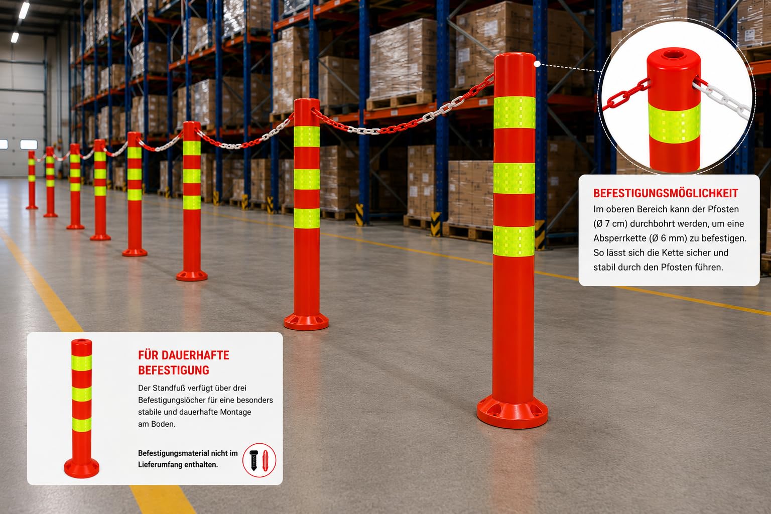 Juego de 6 postes de bloqueo [altura de 68 cm] – Postes de barrera de plástico reflectante | Barrera con base [fijación con tornillos] | Soporte de barrera | postes de parque de color rojo | postes