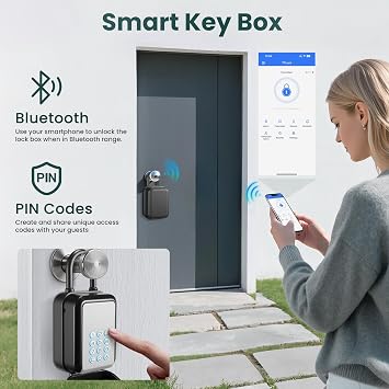 SAFEThlevel スマートキーロックボックス 電子Bluetoothロックボックス Tuyaアプリコントロール&PINコードタイプ付き シェアeキーロックボックス Airbnb 不動産業者 ハウス オフィス 取り外し可能なシャックル付き シルバー
