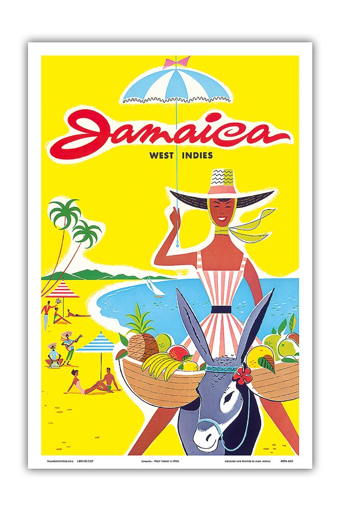 Pacifica Island Art Jamaica - West Indies - Caribbean - Jamaican Beach Fruit Vendor on Donkey - Vintage World Travel Poster c.1950s - Master Print 12" x 18" PRTB4325