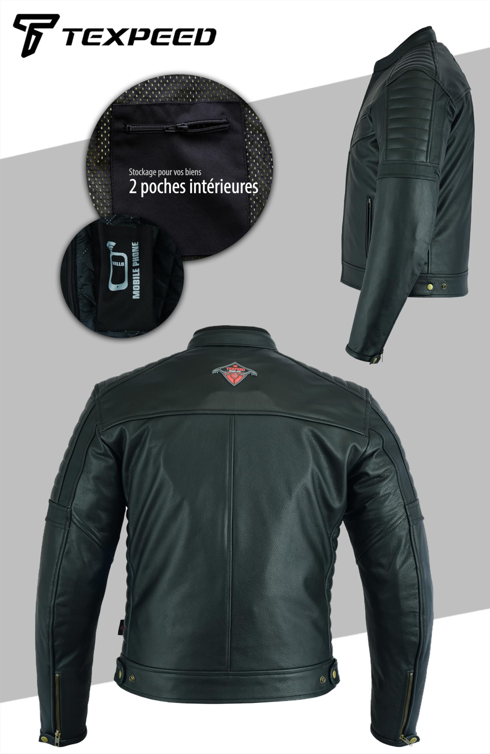 Texpeed blouson de moto en cuir pour homme - Veste de moto de tourisme avec protection biker CE armor (EN 1621-1) - Noir - XL | EN 17092 Vêtement Moto Renforcé, EN 1621-1 [Niveau 1] Armure Motard Flexible, Doublure Hiver, Cuir de Vache Véritable