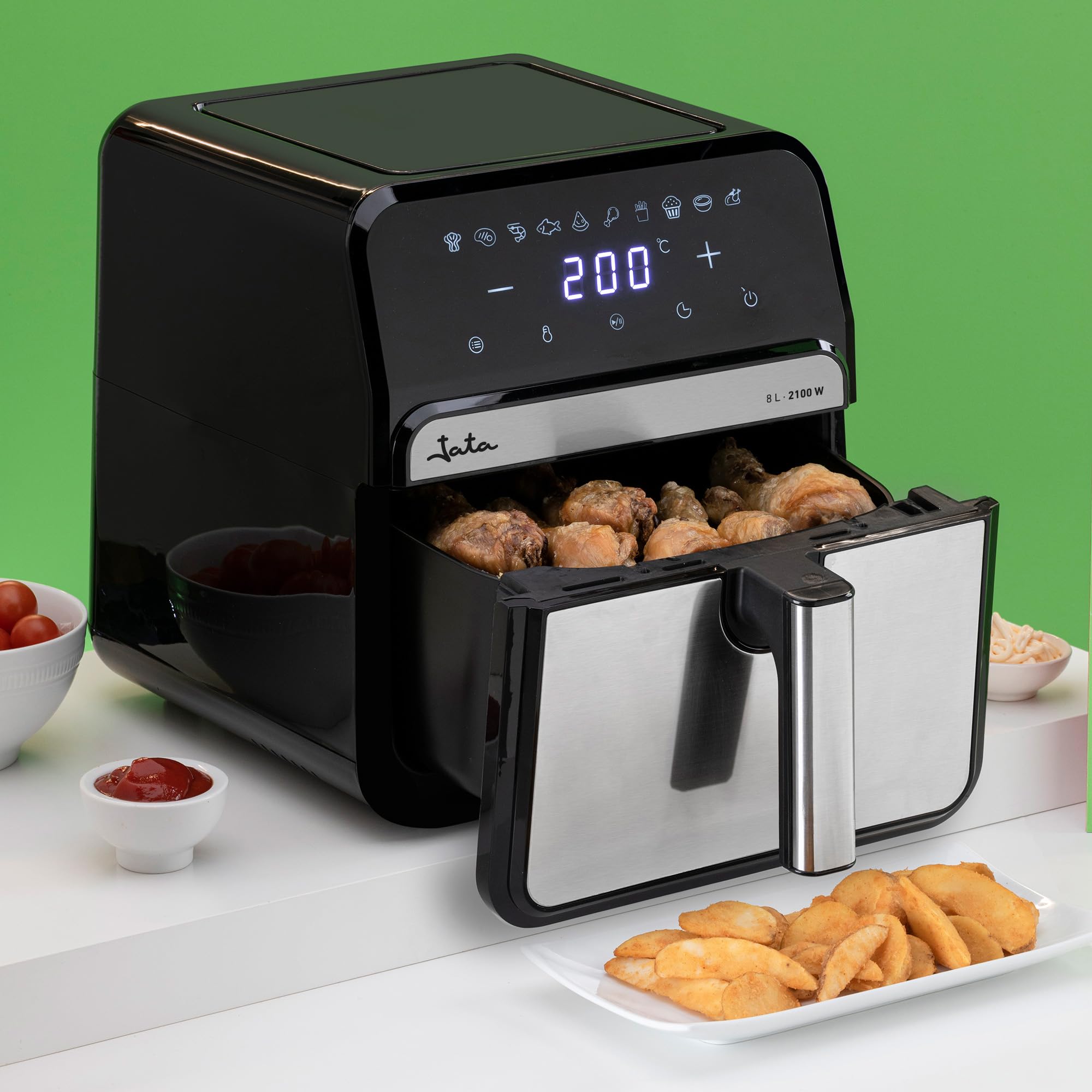 JATA JEFR1242 - Freidora de Aire sin Aceite de 8 L. Air Fryer 2100 W. 10 Programas Automáticos. Panel Táctil Intuitivo. Hasta 200ºC. Temporizador 60 minutos. Freír, Hornear, Asar, Deshidratar