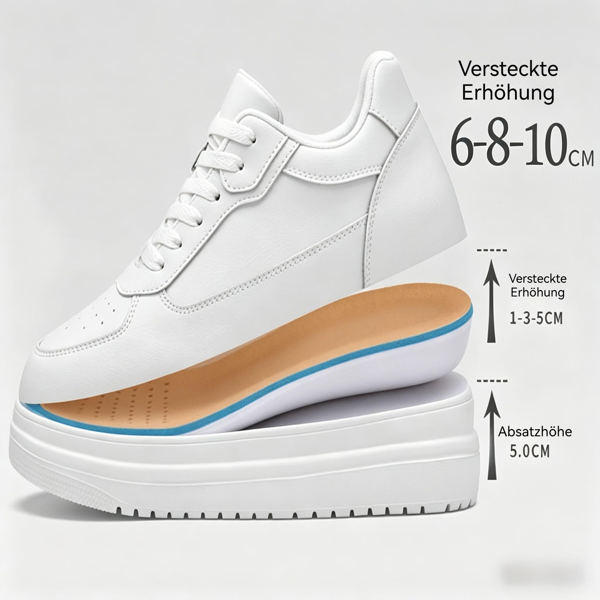 Elevate Shoes White Classy Damen 6/8/10 cm, Elevator Schuhe Damen, Atmungsaktiv rutschfest Elevate Shoes Damen Herren, Unsichtbare Erhöhung Mehr Selbstbewusstsein, für Büro, Alltag
