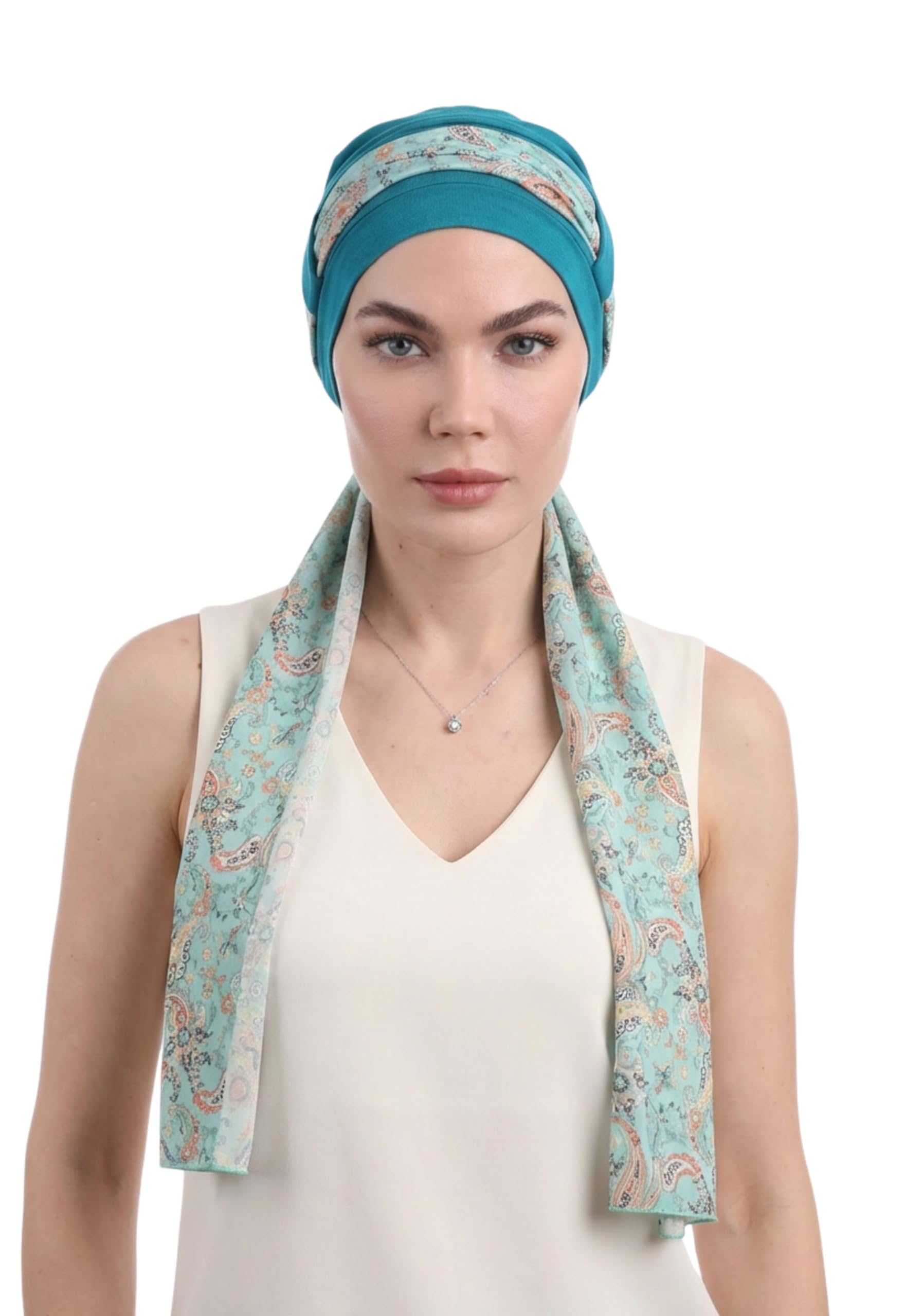 Deresina EmpowerWrap Headscarf for Women — Bamboo Cap with Scarf for Hair Loss, Breathable Chemo Headwear for Sensitive Scalps, Full Coverage, One Size (Teal Pattern 3)