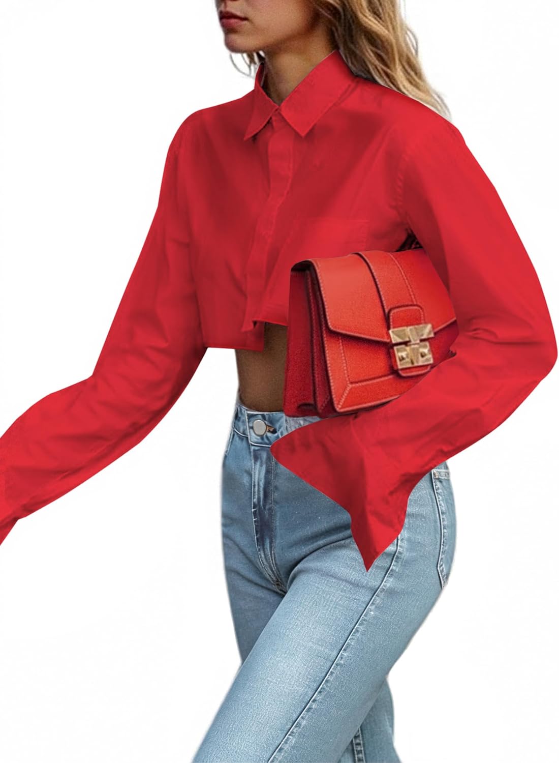 Remidoo Women's Asymmetrical Hem Long Sleeve Cropped Button Down Shirt Crop Top Blouse Streetwear Red X-Large - Image 2