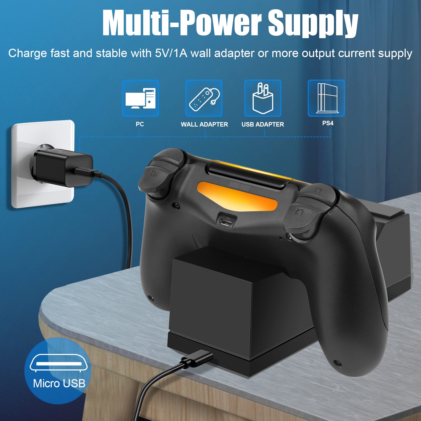 ARyee Stazione di ricarica controller PS4, caricatore per controller PS4, doppia stazione di ricarica con cavo di ricarica USB per Playstation4/PS4/PS4 Slim/PS4 Pro, ricarica rapida 1,8H
