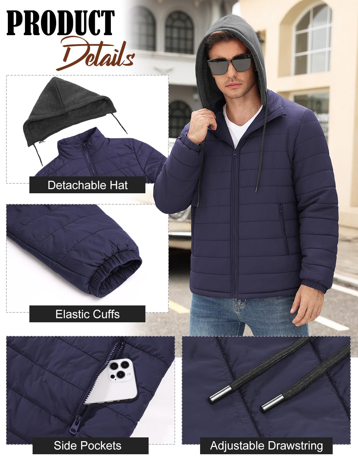 Xnova Blouson Homme Imperméable Veste Matelassée Coupe Vent Automne Hiver Doudoune Capuche Détachable