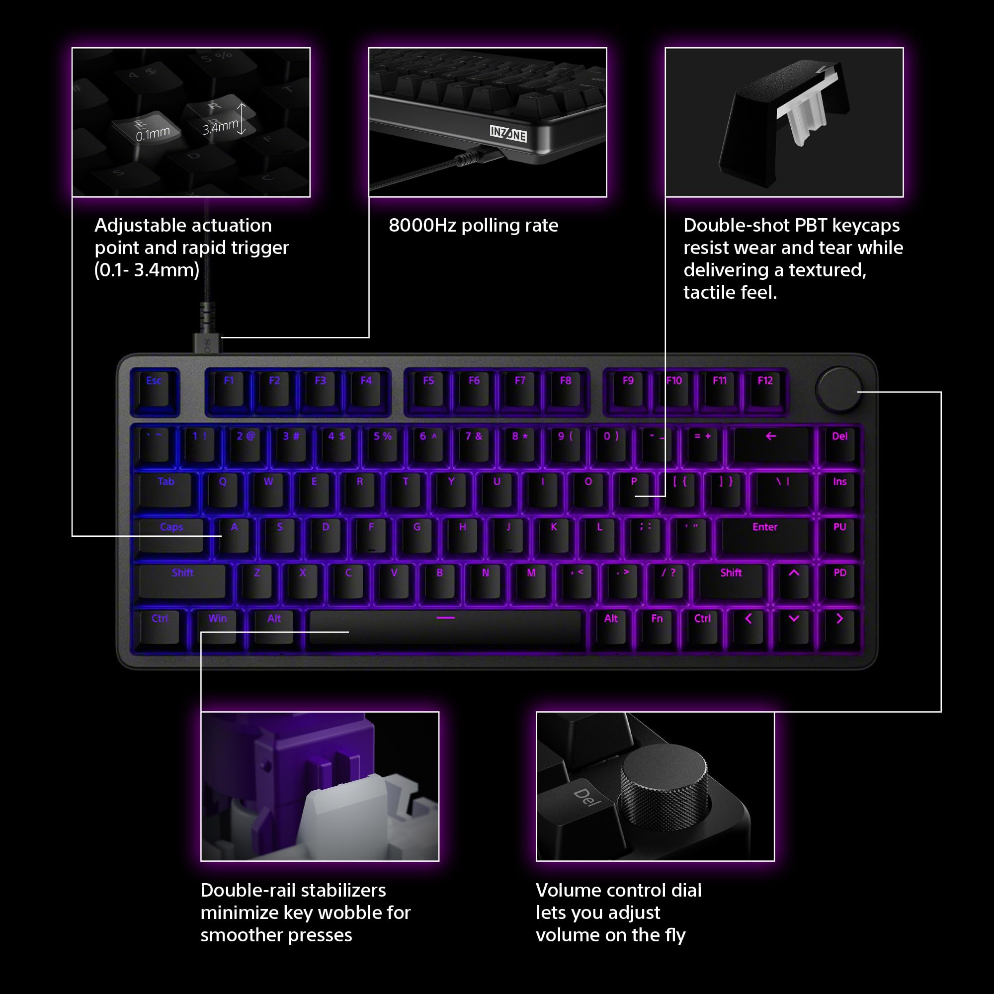 Sony INZONE KBD-H75 75% Wired Aluminum Chassis Gaming Keyboard, Hall-Effect Switch, Rapid Trigger, Adjustable Actuation Point, 8000 Hz Polling Rate, RGB Lighting, Volume Dial