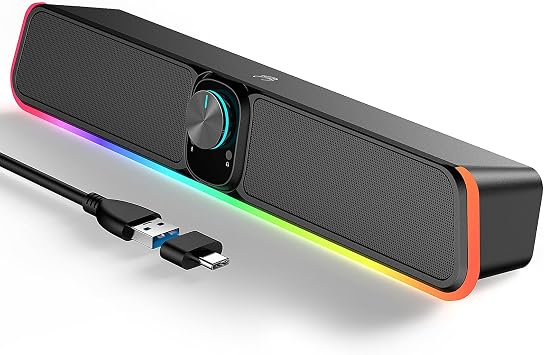 Computer Speakers - Wired USB Powered Bluetooth Computer Sound Bar with RGB & Volume Knob, HiFi Stereo Portable Gaming Sound Bar Speaker for Desktop Monitor, PC, Laptop, Tablets, Mac Air/Pro