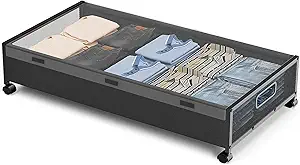 Under Bed Storage with Wheels, Under Bed Shoe Storage, Under the Bed Storage Drawers with Remove Window, Extra Large Rolling Under Bed Storage Metal Drawer for Clothes (Black-1 pack)