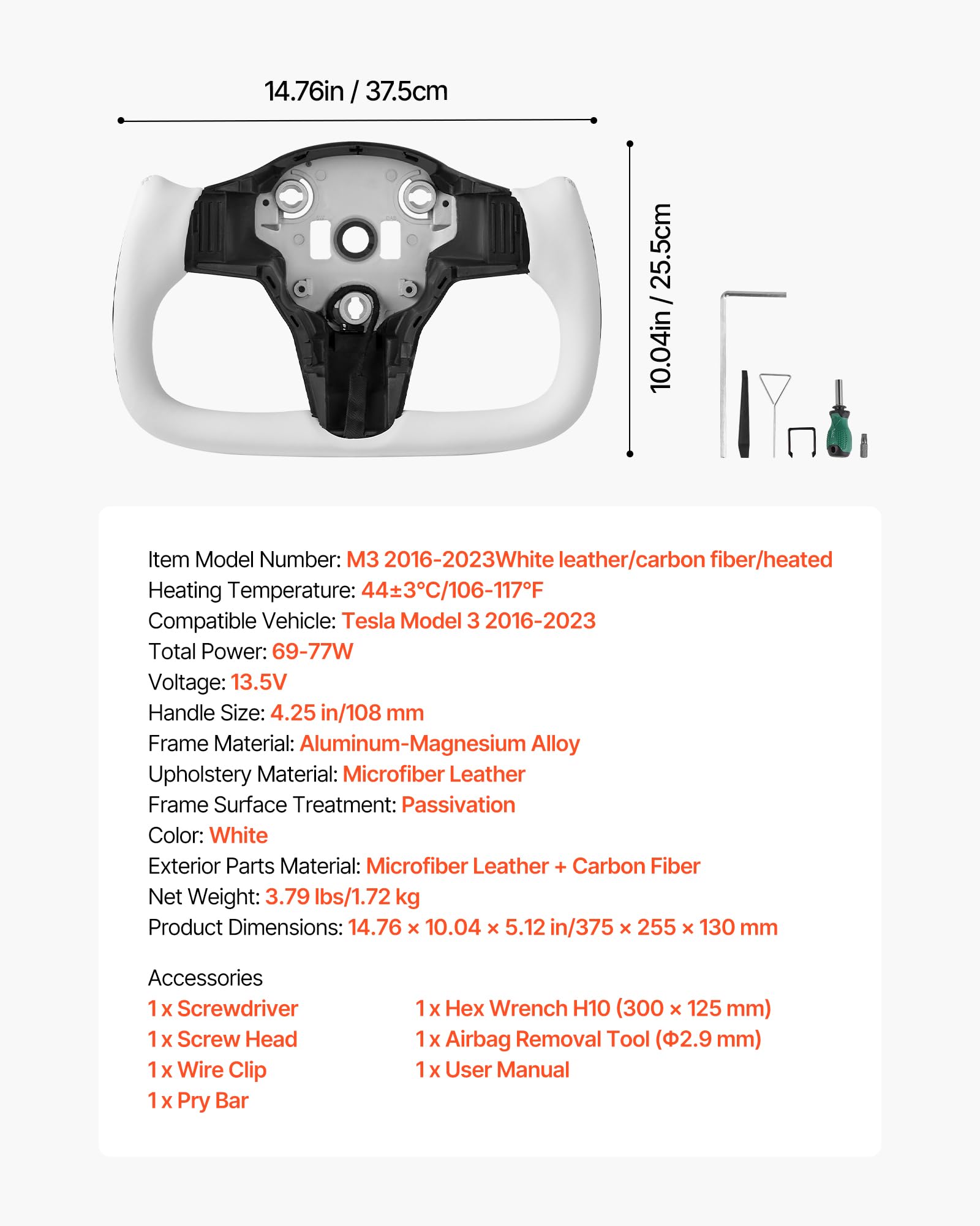 VEVOR Volant Compatible avec Tesla Model 3 (2016-2023), Volant de Direction en Fibre de Carbone, Forme en D, Méplat avec Fonction Chauffante, Poignée en Cuir avec Texture Antidérapante, Blanc