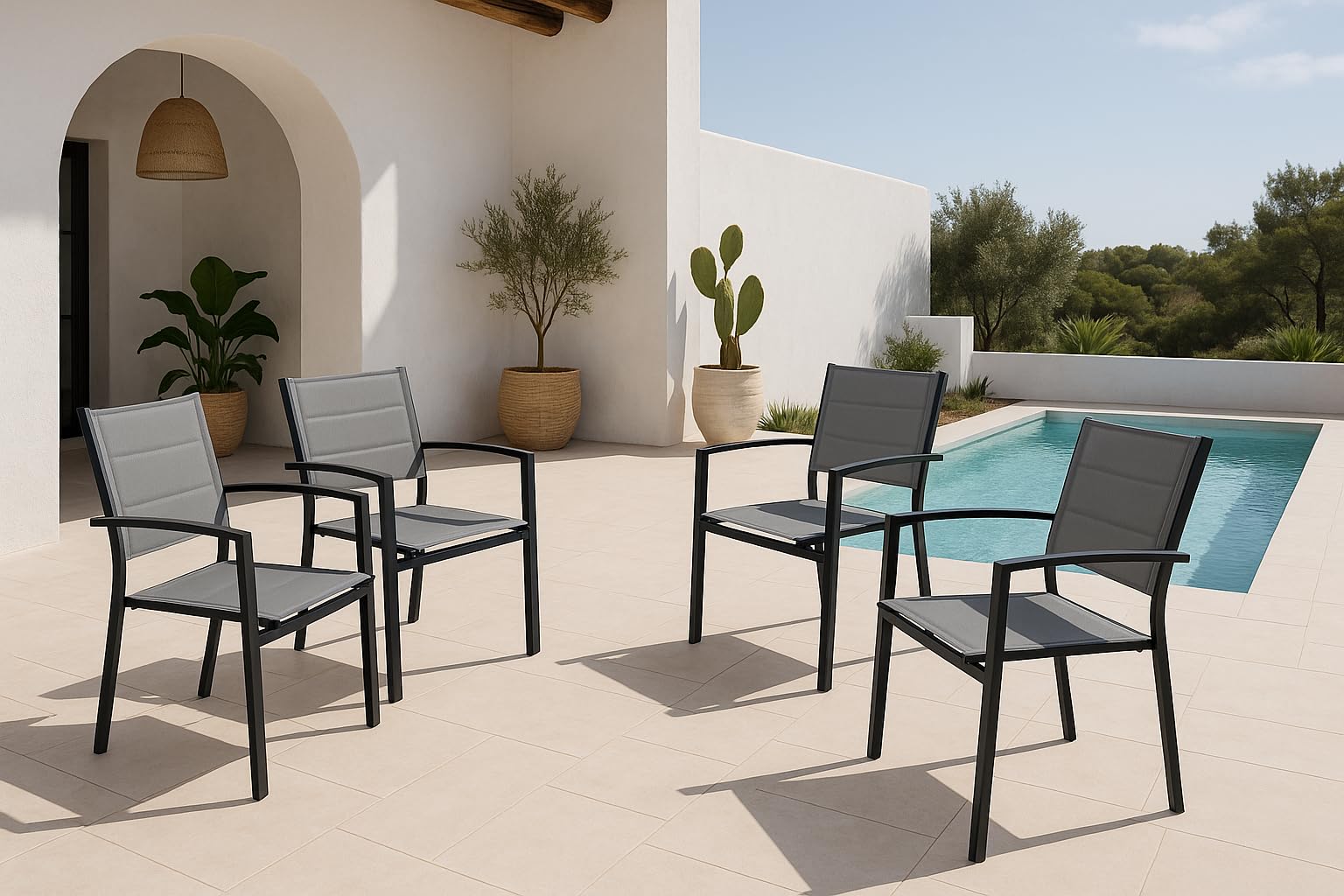 MOMMA HOME Pack 4 Sillas Terraza Exterior - Jardin Asiento y Respaldo Acolchadas con Reposabrazos, Material Textiline y Aluminio, Color Gris, Medidas 87,5 x 56,5 x 57,5 cm