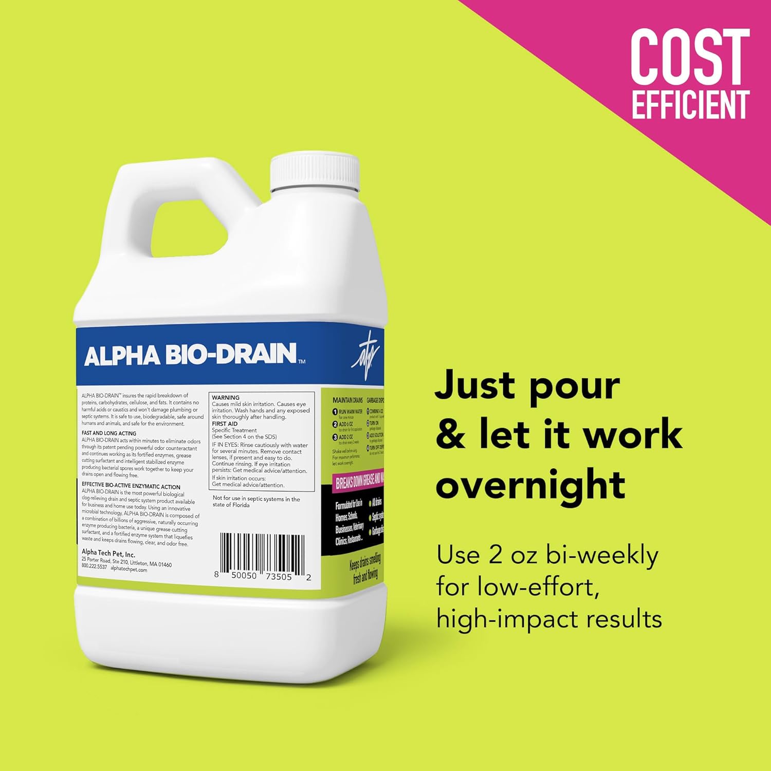 ALPHA BIO-DRAIN - Enzyme-Based Maintenance to Help Prevent Clogs and Reduce Odors from Pet Waste, Grease, Hair in Drains and Septic Systems - ½ Gallon by Alpha Tech Pet
