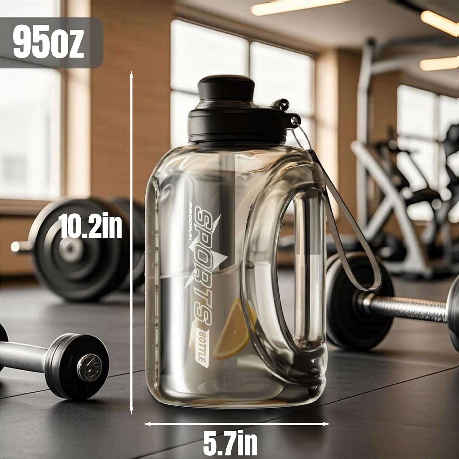 Doseno Half Gallon Water Bottle, 95 OZ/2.8 L Water Jug with Straw, Large Water Bottle with Portable Handle, Big Water Jug with Portable Strap for Drinking and Sports Outdoor Gym (Black-2)