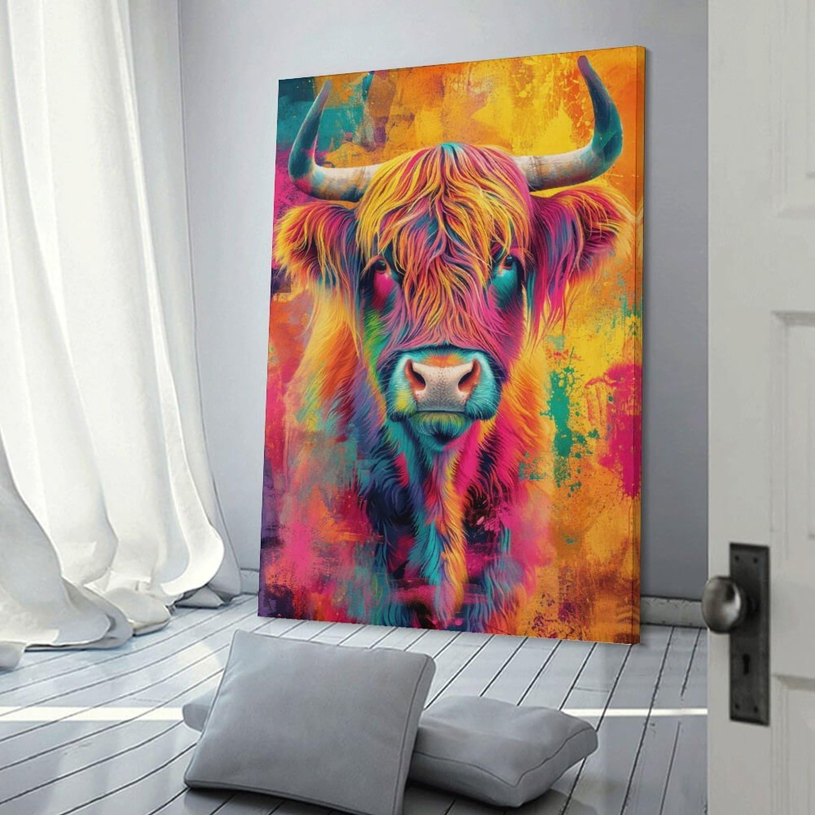 Junmoney Frame-Style-9-1 Highland Cow Colorful Art Room Decor Wall Art, 24X36inch(60X90cm), For Living Room, Bedroom, Office Or Hallway, Decorative Artwork With Broad Appeal