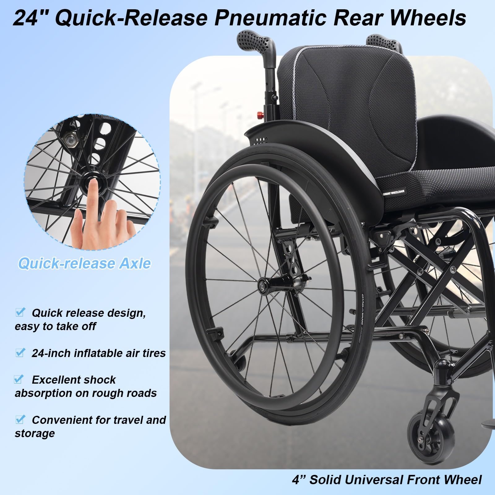 Silla de ruedas plegable aluminio,de aluminio para viajes,Autopropulsable | Ligera, for Adultos,Transporte, de tránsito, Reposapiés extraíbles,Frenos de mano, for Exterior(44cm/17.3in Seat)