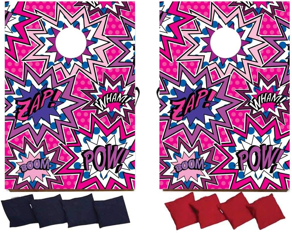 VictoryStore Cornhole Games: Super Hero Pow Bag Toss Game Super Hero Cornhole 8 Bags Included (Pink, Blue, Purple)