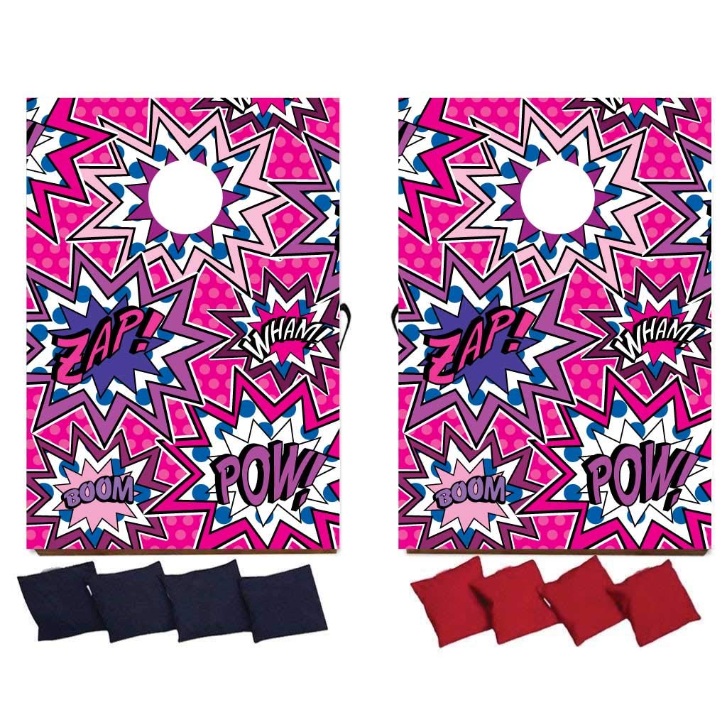 VictoryStore Cornhole Games: Super Hero Pow Bag Toss Game Super Hero Cornhole 8 Bags Included (Pink, Blue, Purple)