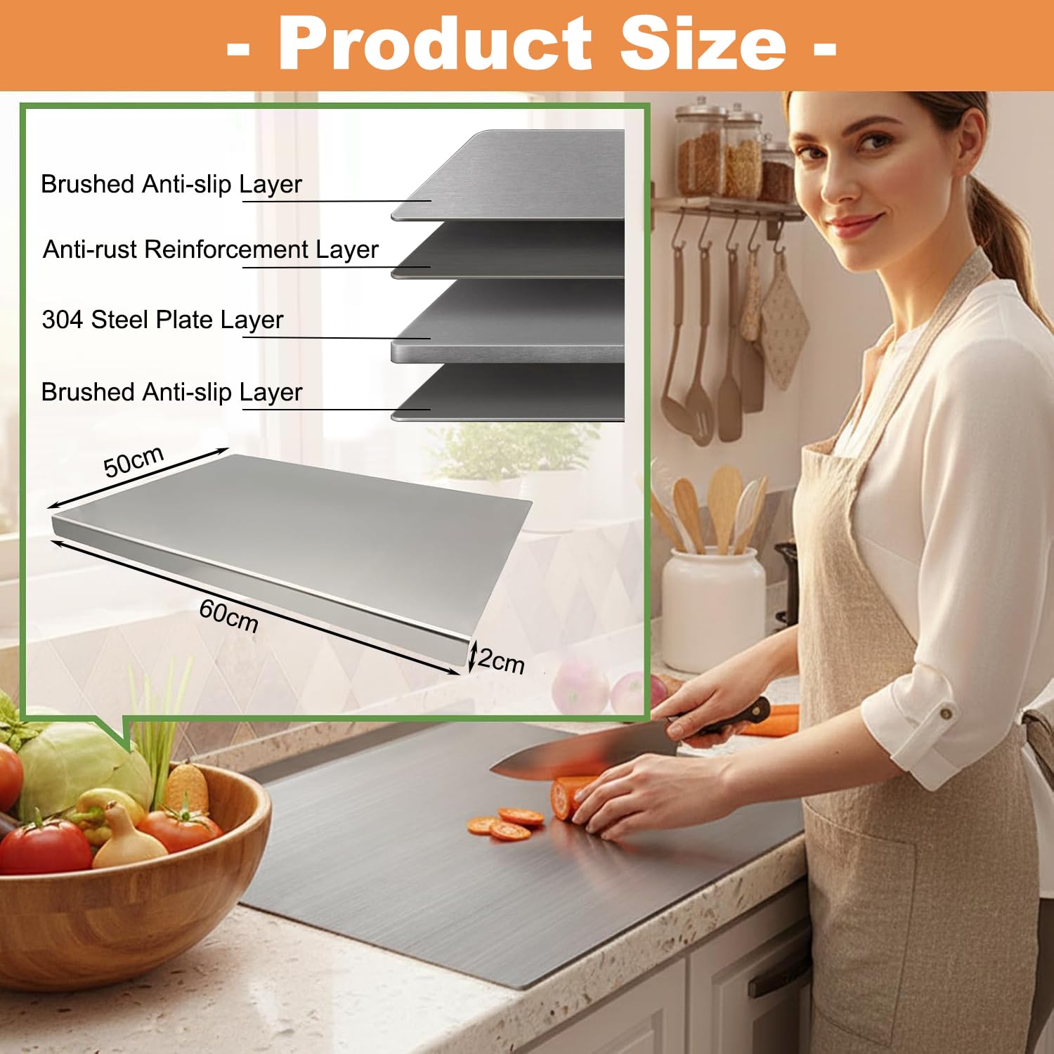 Planche à Découper Inox 60 x 50 x 0.15 cm, Planche a Decouper Plan de Travail, Protege Plan de Travail Cuisine avec Bord d'Arrêt pour la Cuisine, Camping, Barbecue, Bar, Restaurant