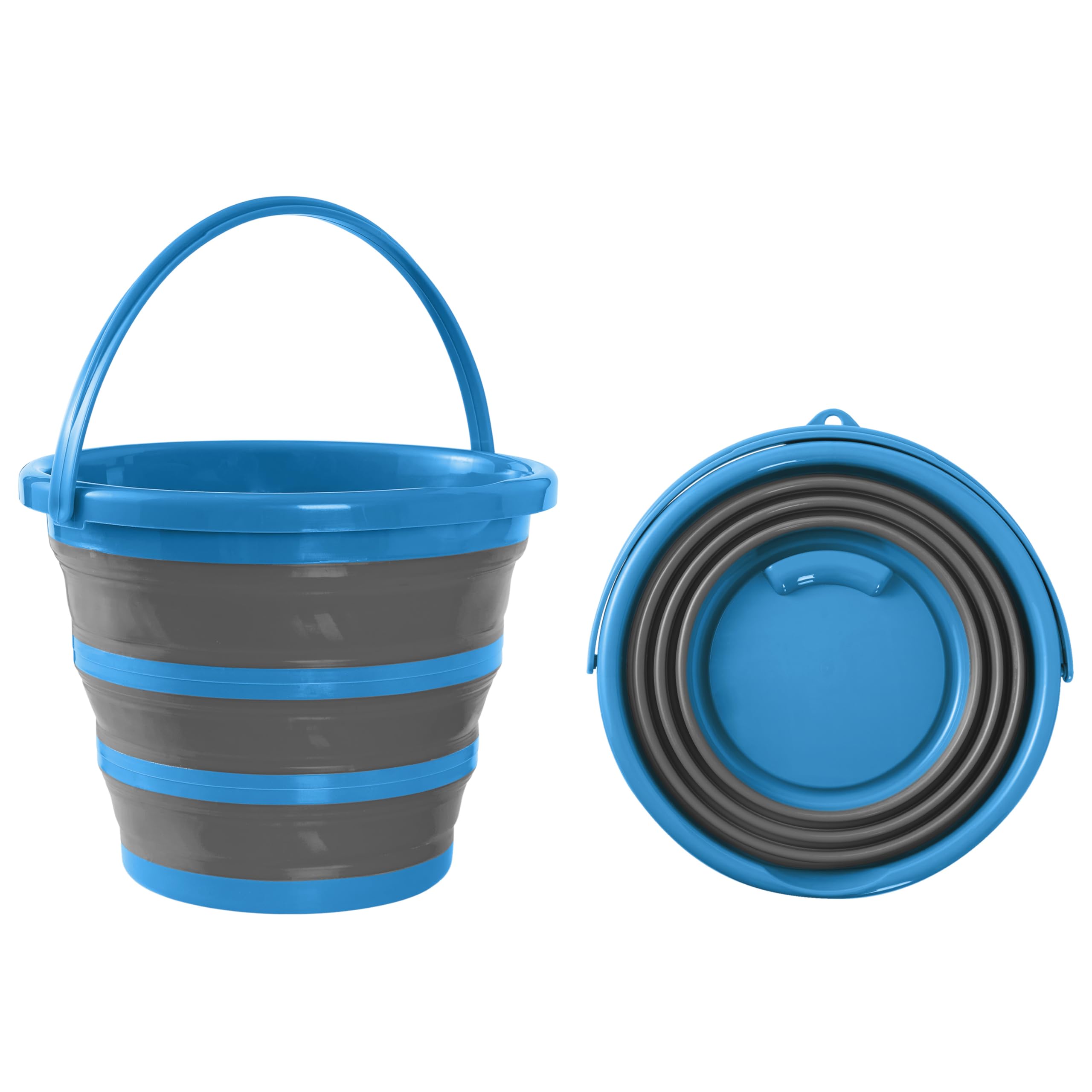 BRAMBLE 2 Faltbarer Silikon Eimer für Reinigung, Camping, Angeln, Reisen (10L) - Platzsparend für Haus & Wohnmobil (Grau/Blau)