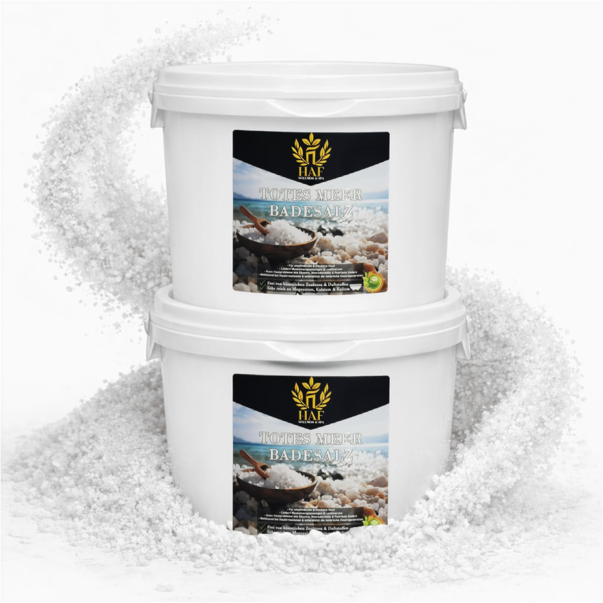 HAF Sales de baño de alta calidad del Mar Muerto de Jordania (2 cubos de 5 kg) – Sal marina pura natural gruesa para bienestar y alivio del estrés – Sal mineral para baño y cuidado corporal para