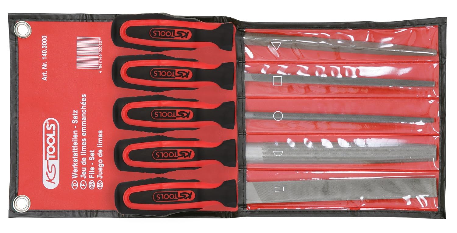 KS Tools - 140.3000 - Jeu de 5 limes emmanchées demi-douces plate, carrée, triangulaire, demi-ronde, ronde - Poignée bi-matière - Longueur 200mm