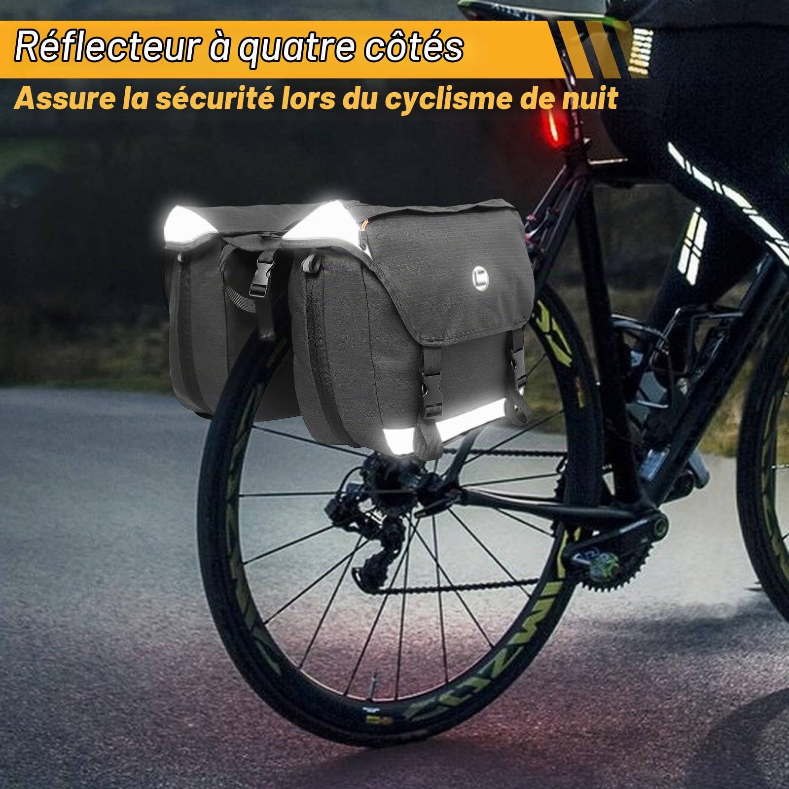Sacoche Vélo avec Réflecteurs Housse Pluie & Poignée, Sacoches Porte Bagage Arrière Imperméable, Accessoire Voyage Sac Bagages Selle Bilatéral Etanche Multifonction pour VTT, Électrique, Navetteur