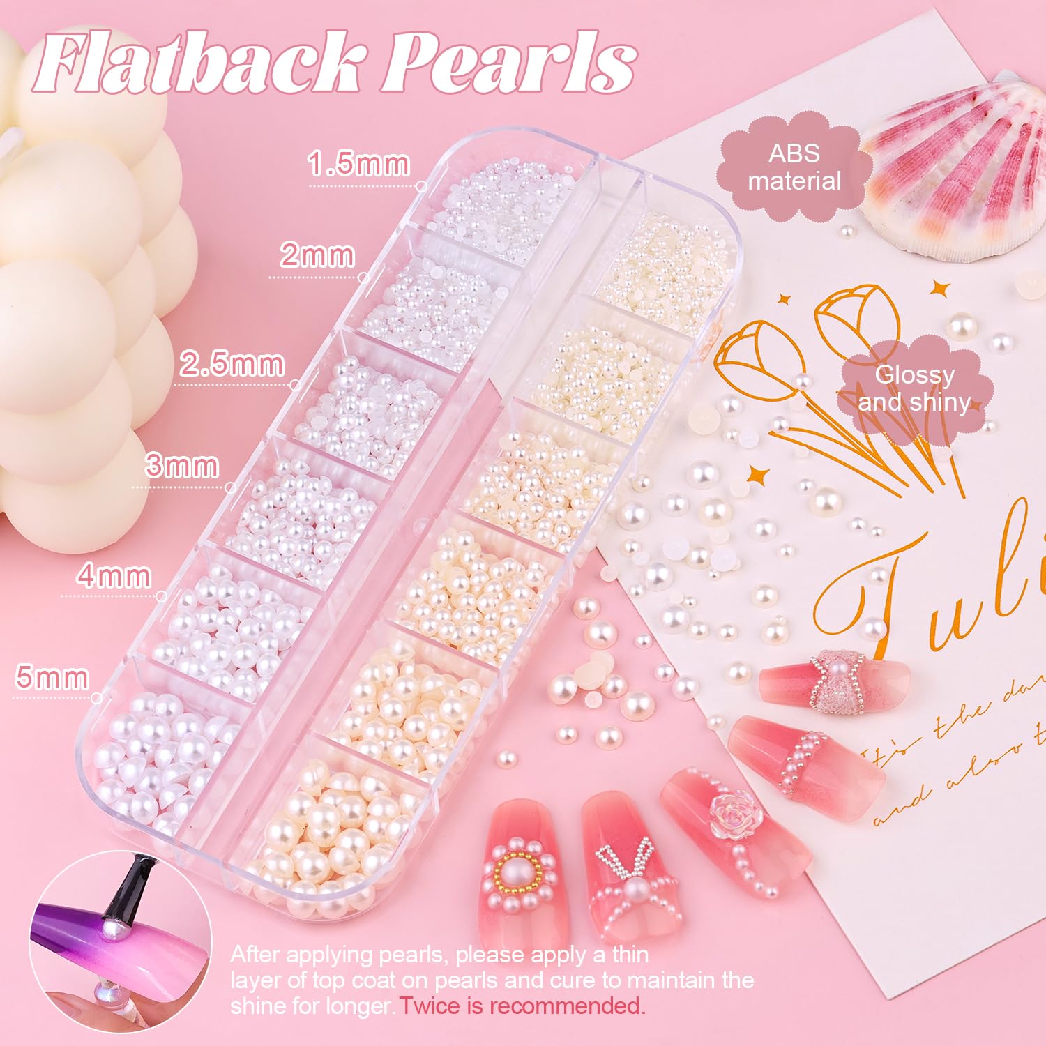 Perlas de uñas con parte trasera plana, gemas y pegamento, pequeñas cuentas de uñas redondas plateadas y doradas y perlas blancas beige para uñas con herramientas de recogida, dijes de perlas para