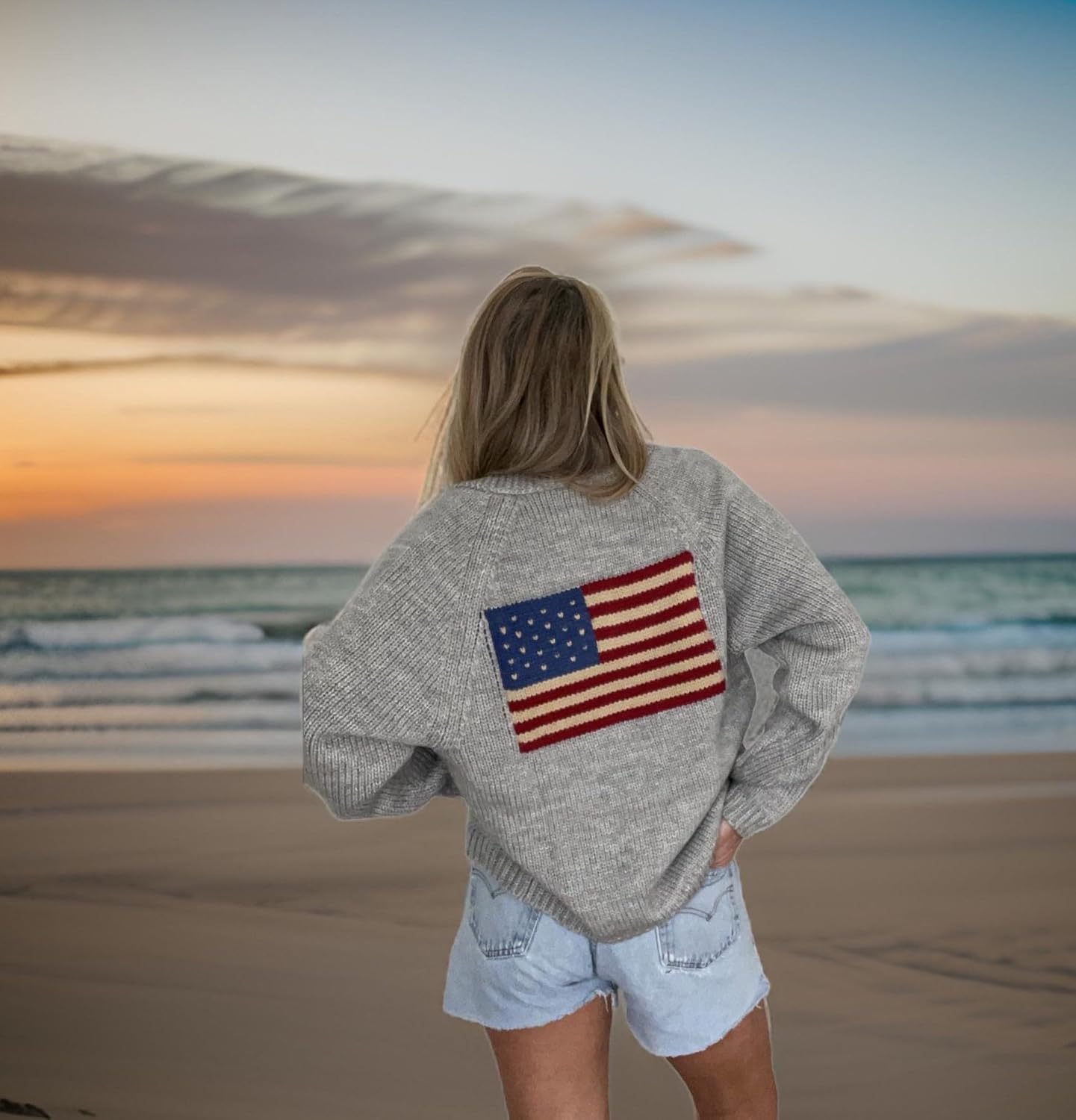 Fourth of July American Flag Knit Sweater Cardigan for Women Y2k USA Patriotic Vintage Knitwear Cardigans. - Image 2