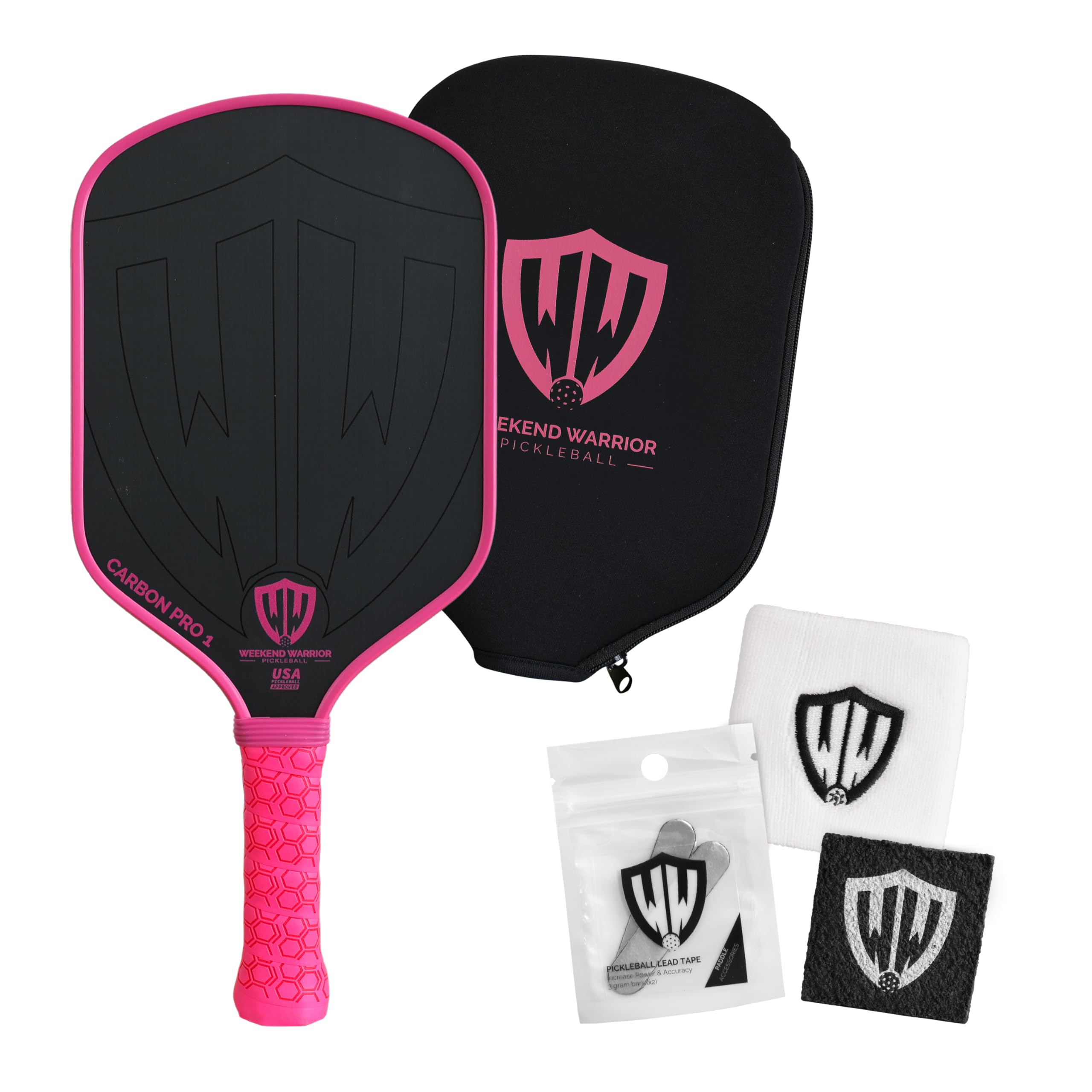 Weekend Warrior Pickleball Paddle - USAPA Approved - T700 Carbon Fiber for Ultimate Spin - Elongated Handle and Shape for Power - Paddle Cover, Paddle Eraser, Lead Tape, Sweatband Included